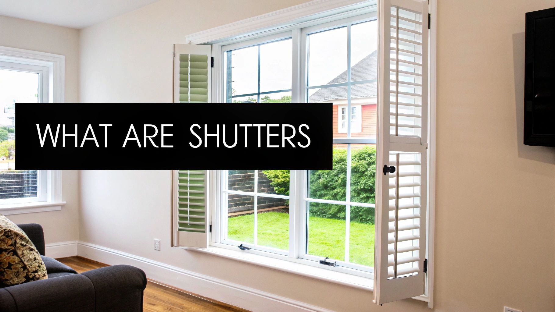 A bright living room with white plantation shutters partially open on a large window overlooking a green yard.