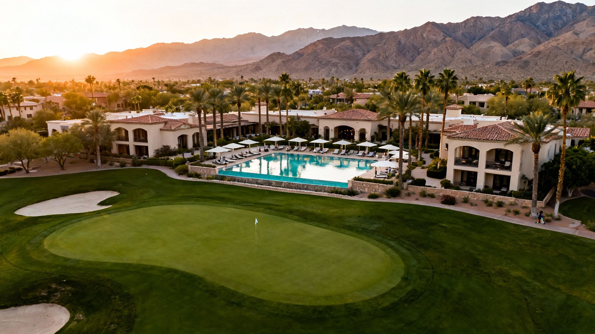 Aerial view of a luxury resort with a pool, golf course, and palm trees at sunset.
