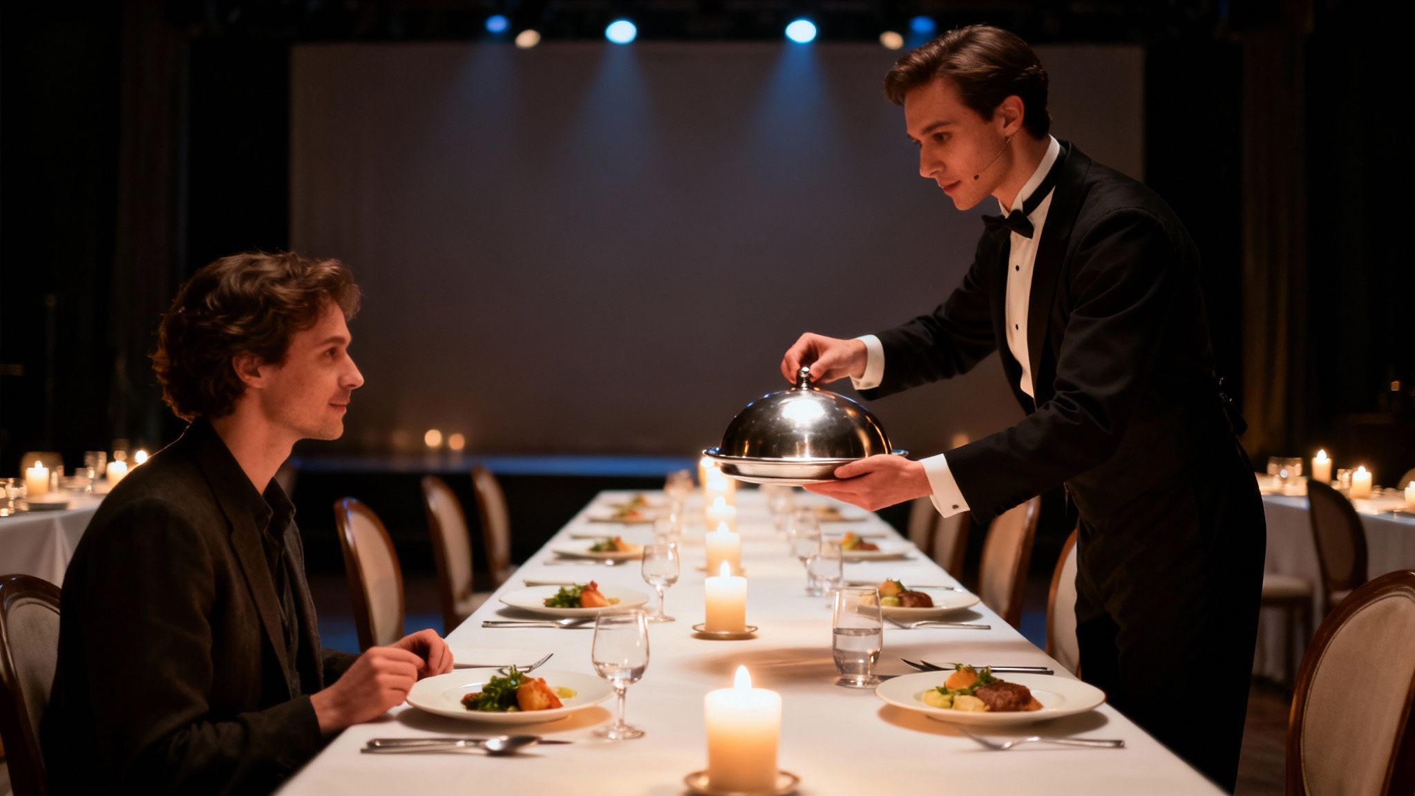 A waiter in a tuxedo serves a cloche-covered dish to a guest at a formal candlelit dinner.
