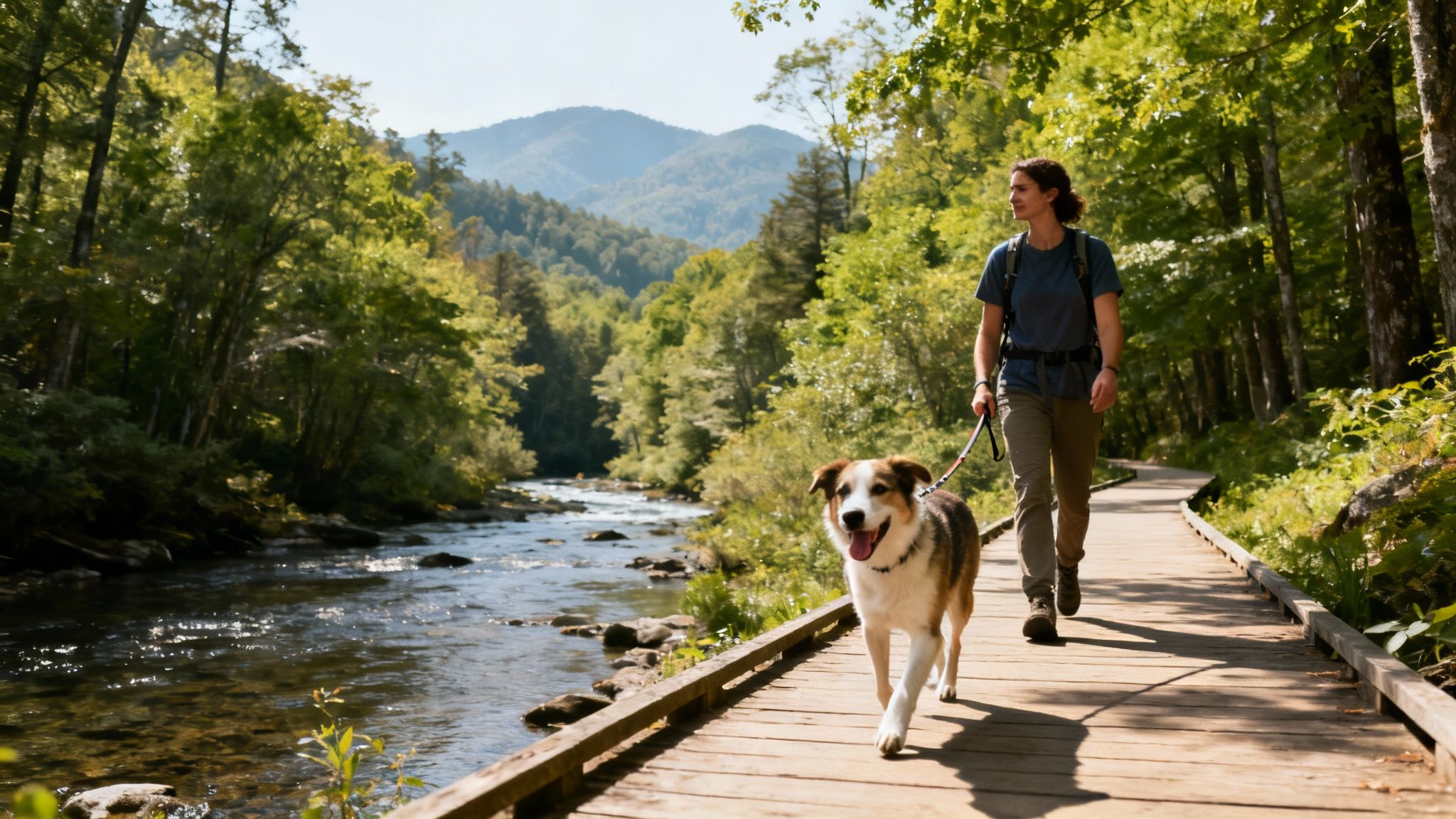 A happy woman and her dog hike on a boardwalk by a river with green mountains.