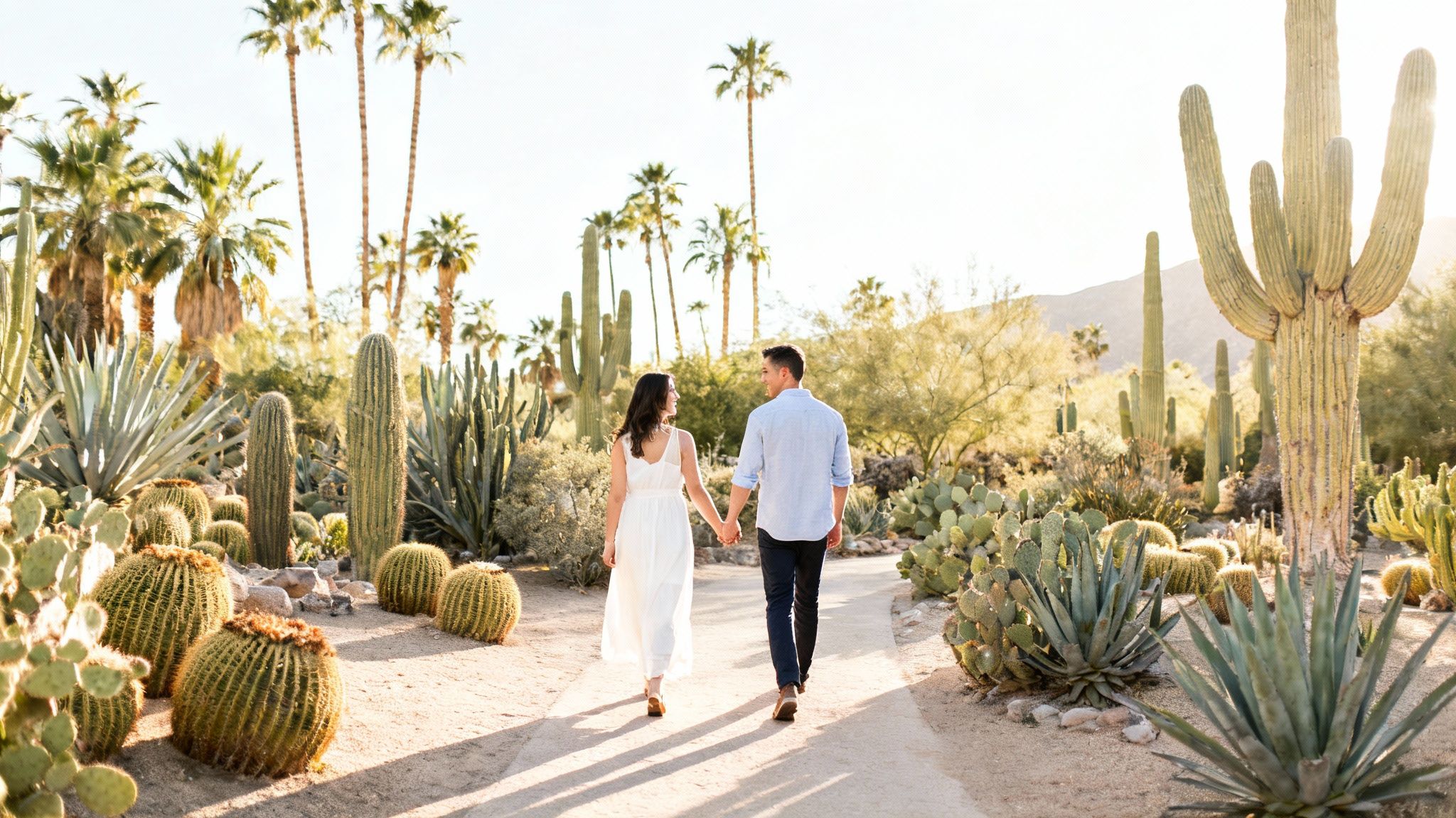 A couple holds hands, walking on a sunlit path through a lush desert garden with cacti and palms.