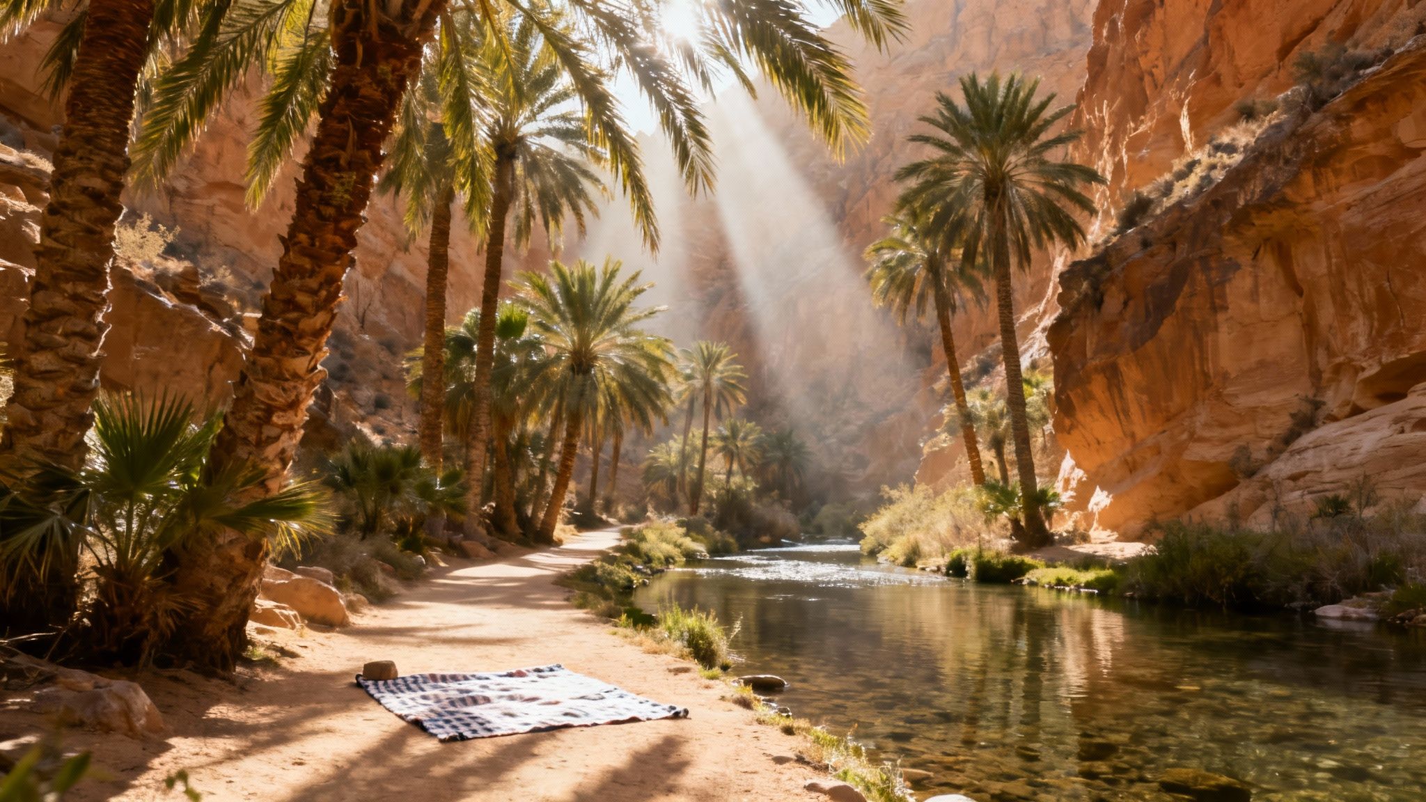 A scenic oasis with a clear river, numerous palm trees, sun rays, and a blanket on the sandy path.