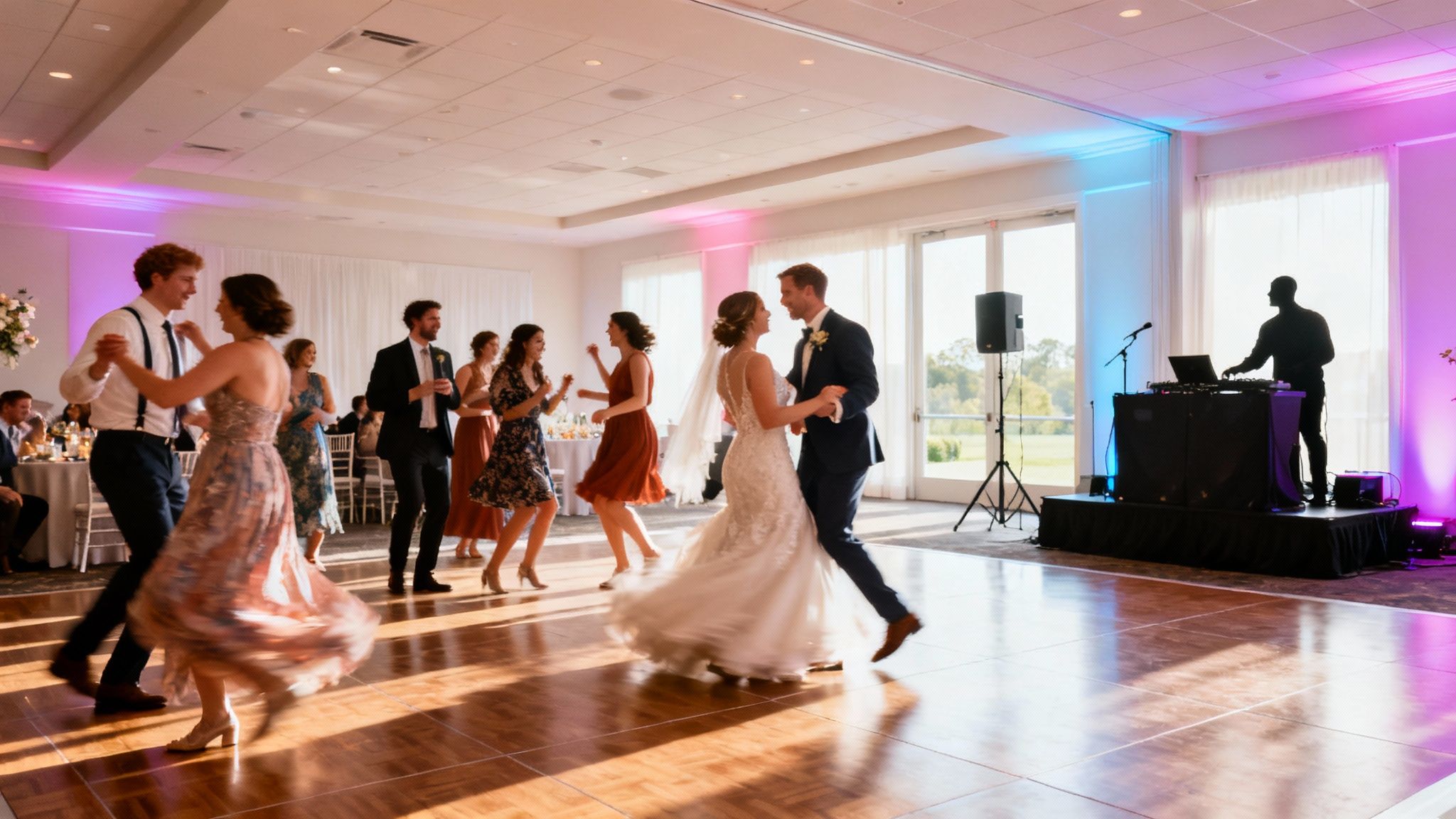 Joyful wedding guests, including the bride and groom, dance on a wooden floor at a lively reception.