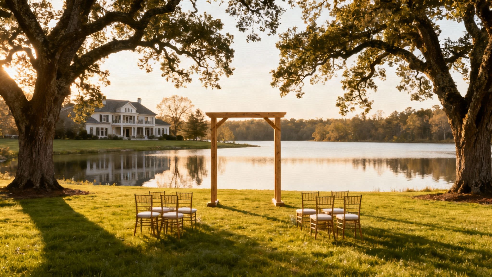 A couple toasts with champagne by a beautiful lake at Fern Oak Estate.