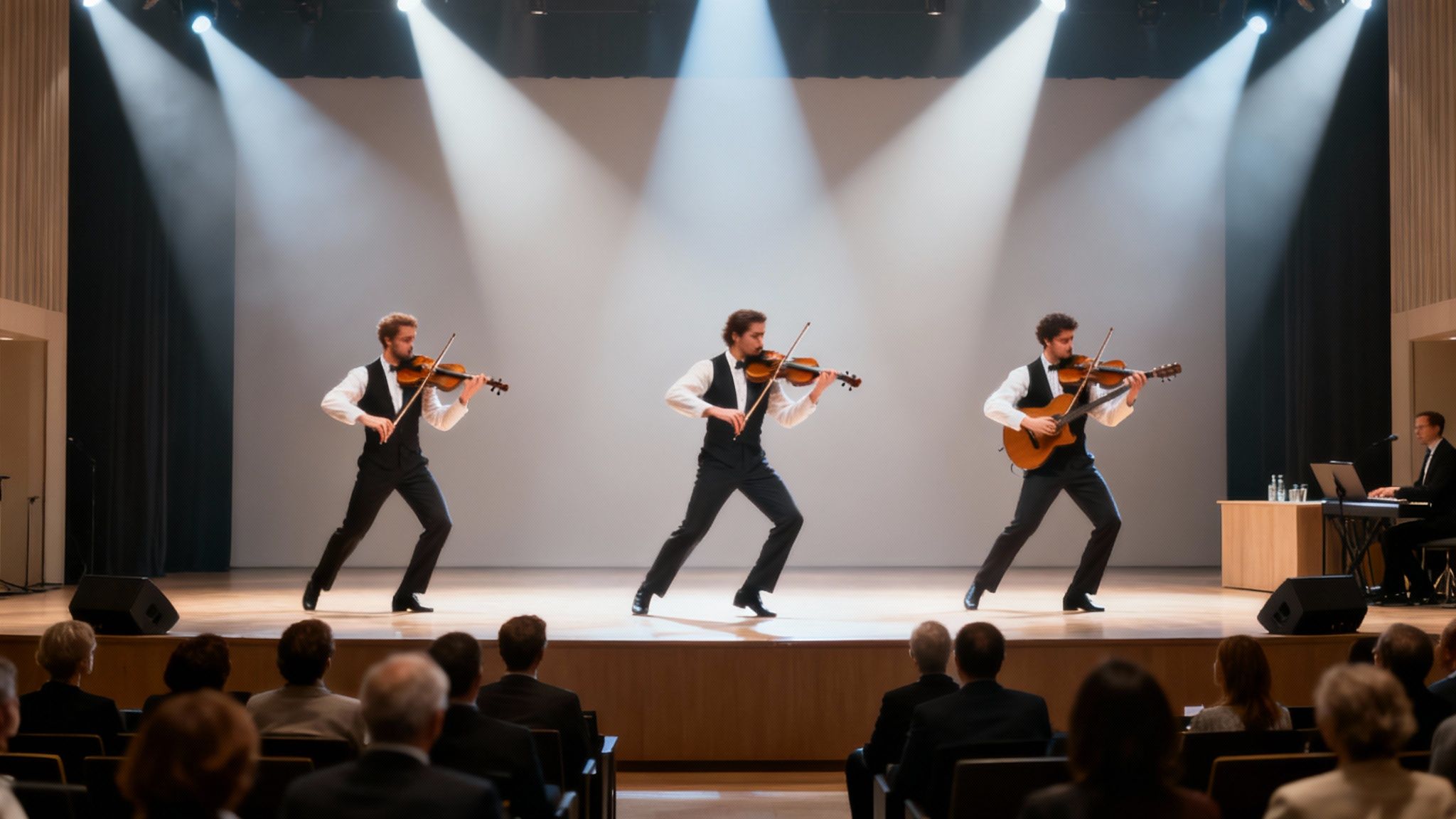 Three musicians performing on stage with violins and a guitar, illuminated by spotlights, for an audience.