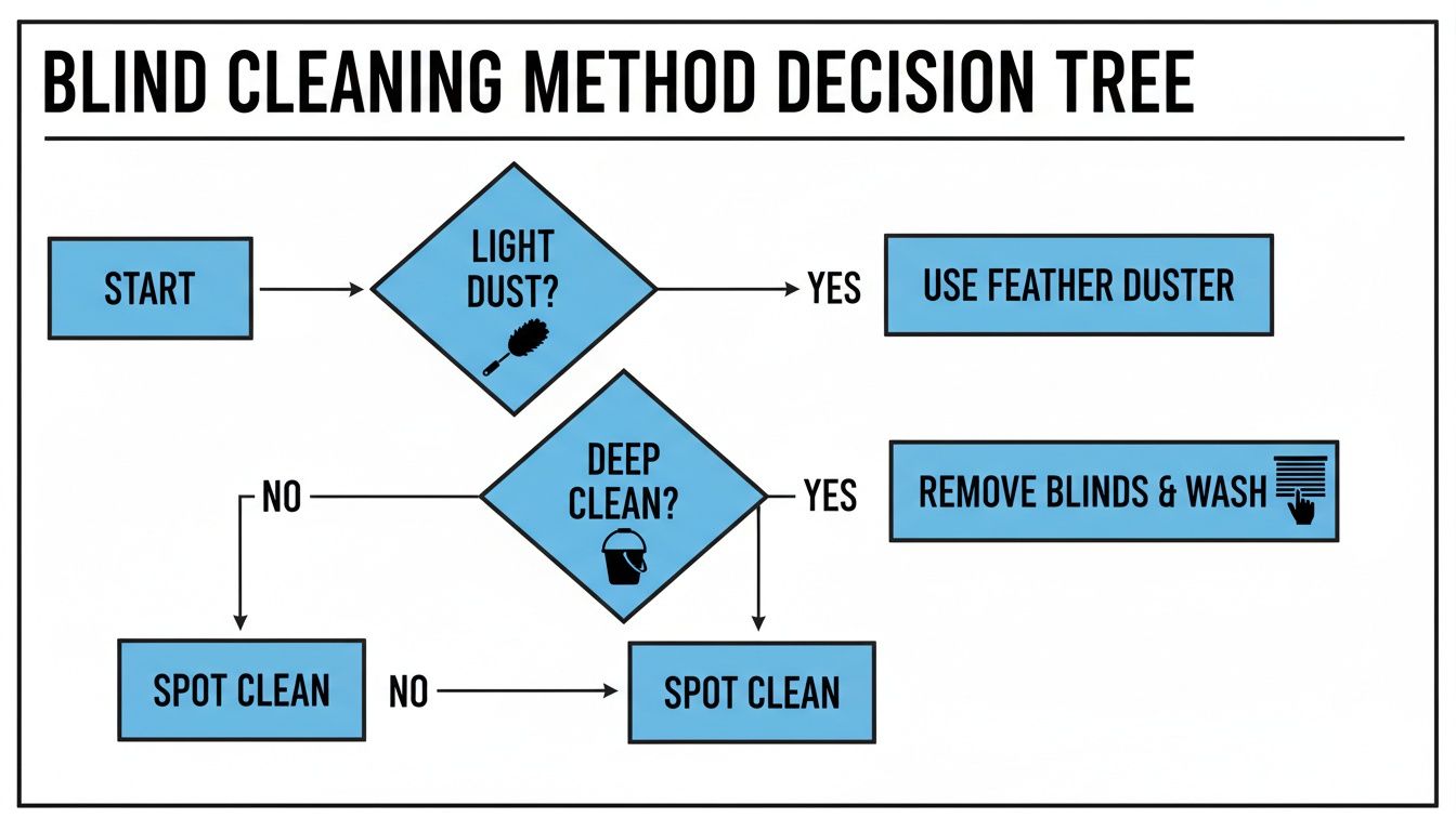 A decision tree flowchart outlining methods for cleaning blinds, from light dusting to deep washing.