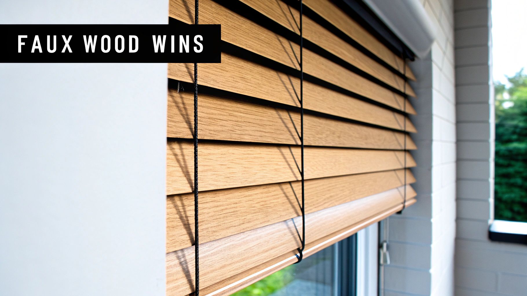 A close-up of clean, white faux wood blinds in a modern bathroom.