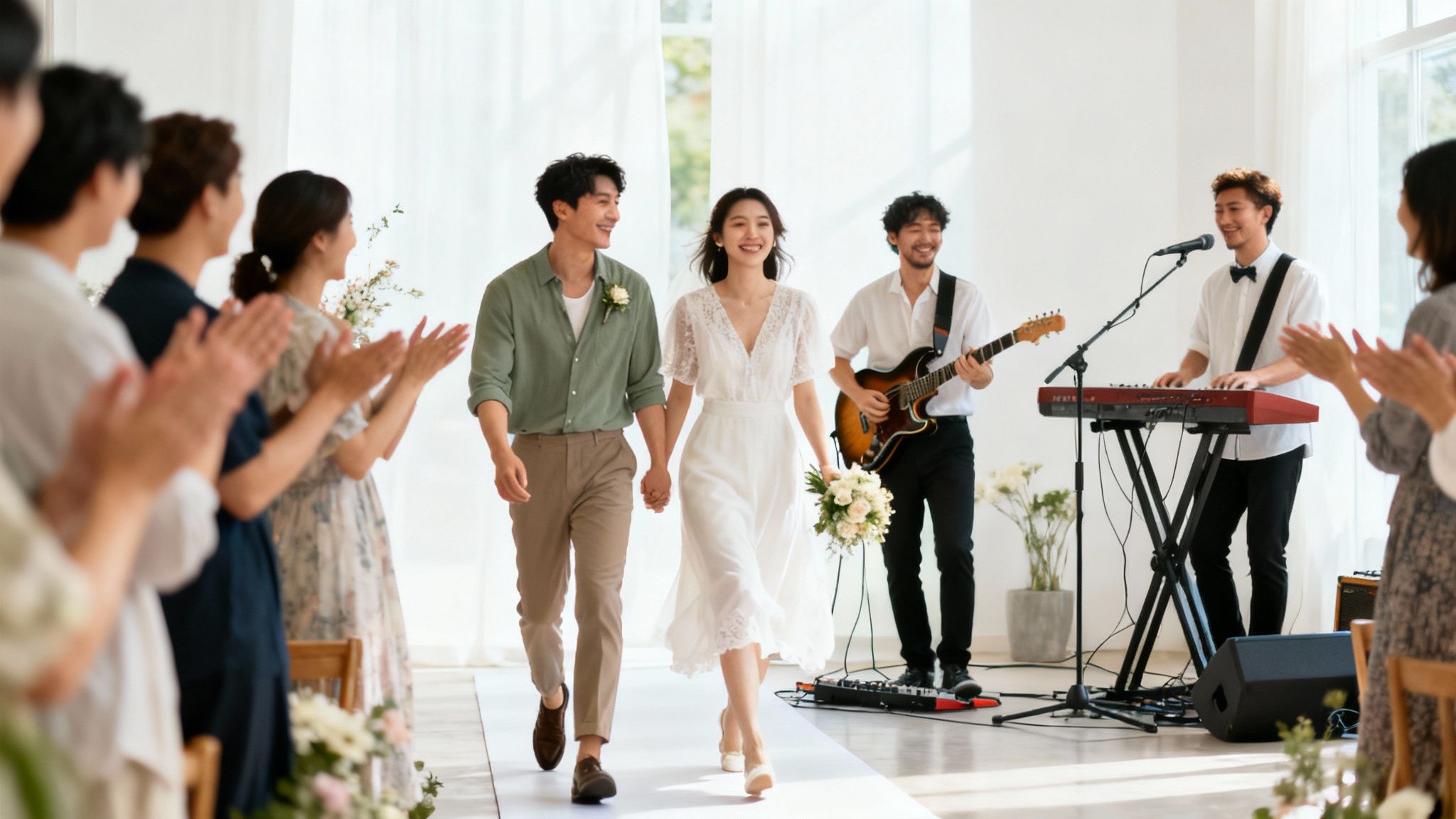 A happy couple walks down the aisle, holding hands, while guests clap and a band plays music.