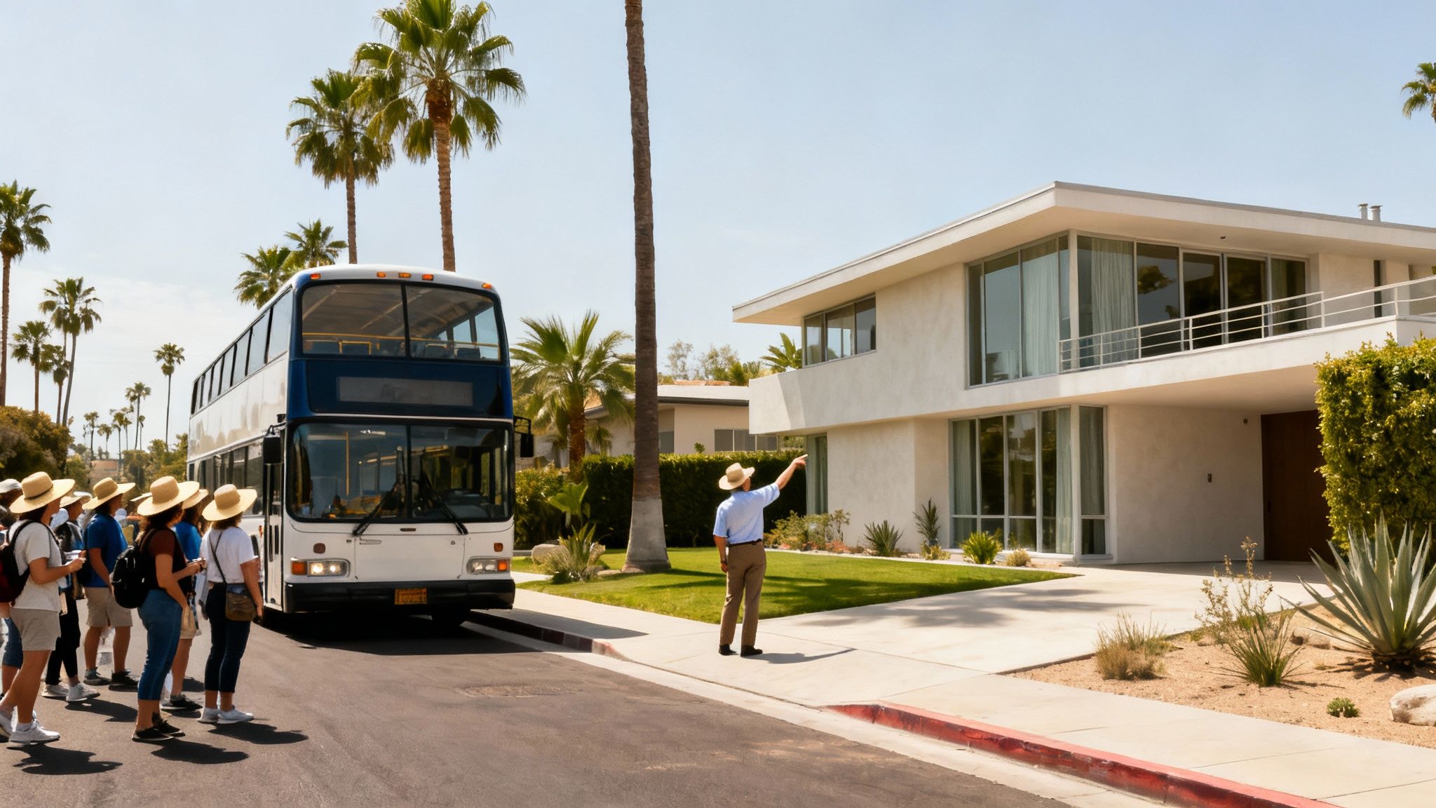 Tourists with straw hats listen to a guide pointing at a double-decker bus.