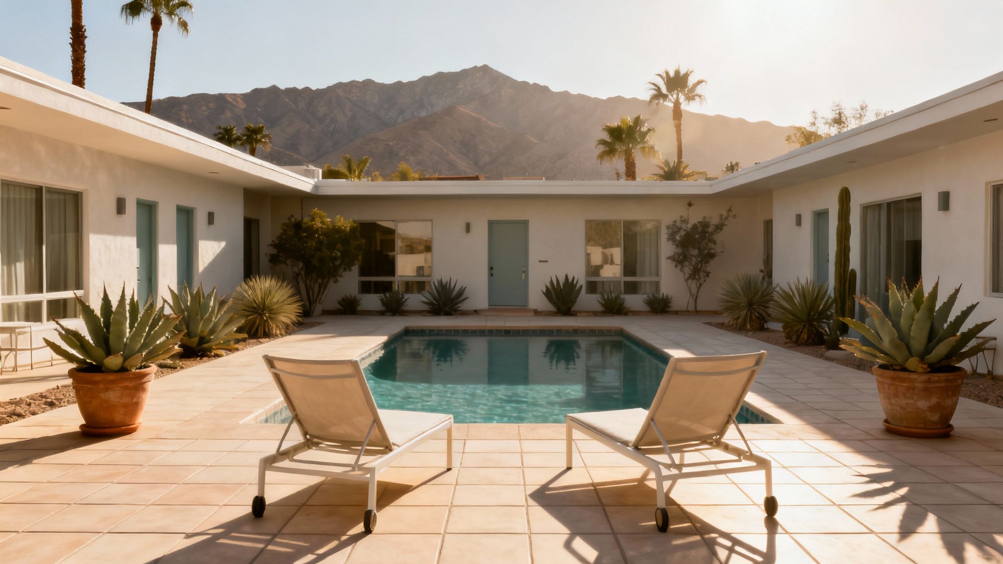 A stylishly decorated hotel room patio with a private pool and desert mountain views in Palm Springs.