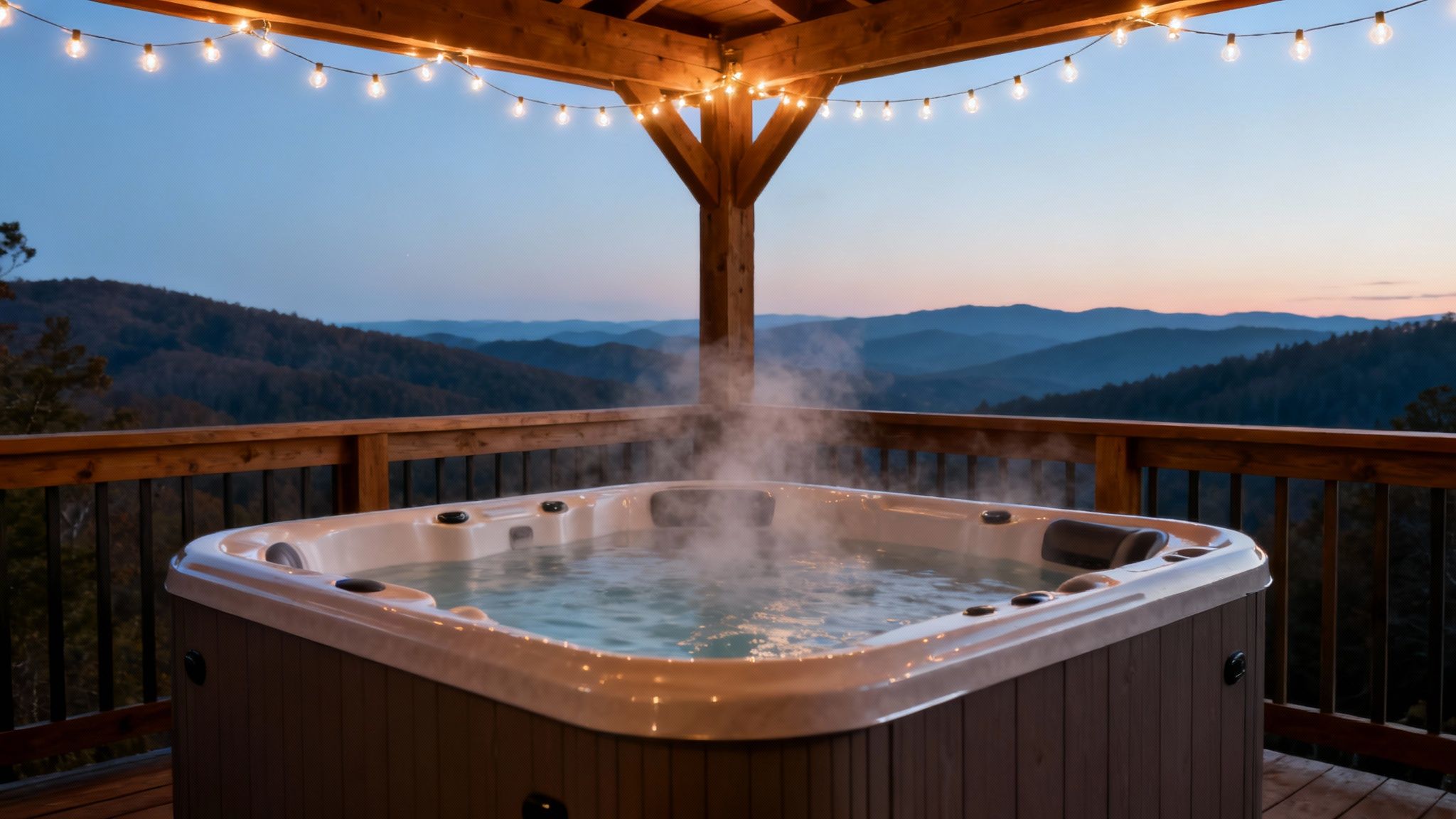 A luxurious cabin hot tub on a deck overlooking a forest.