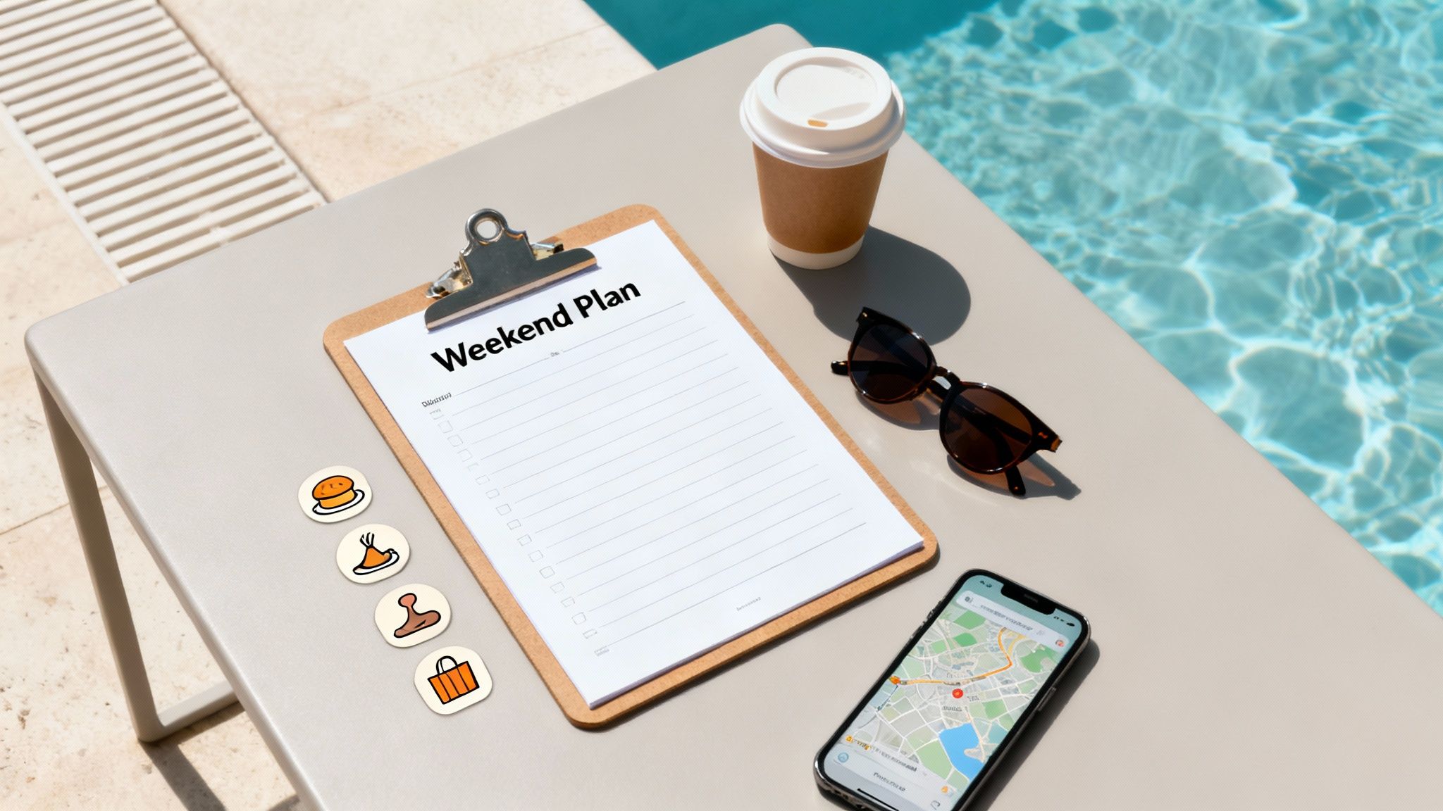 A group of friends laughing by a stylish, floral-lined pool in Palm Springs.