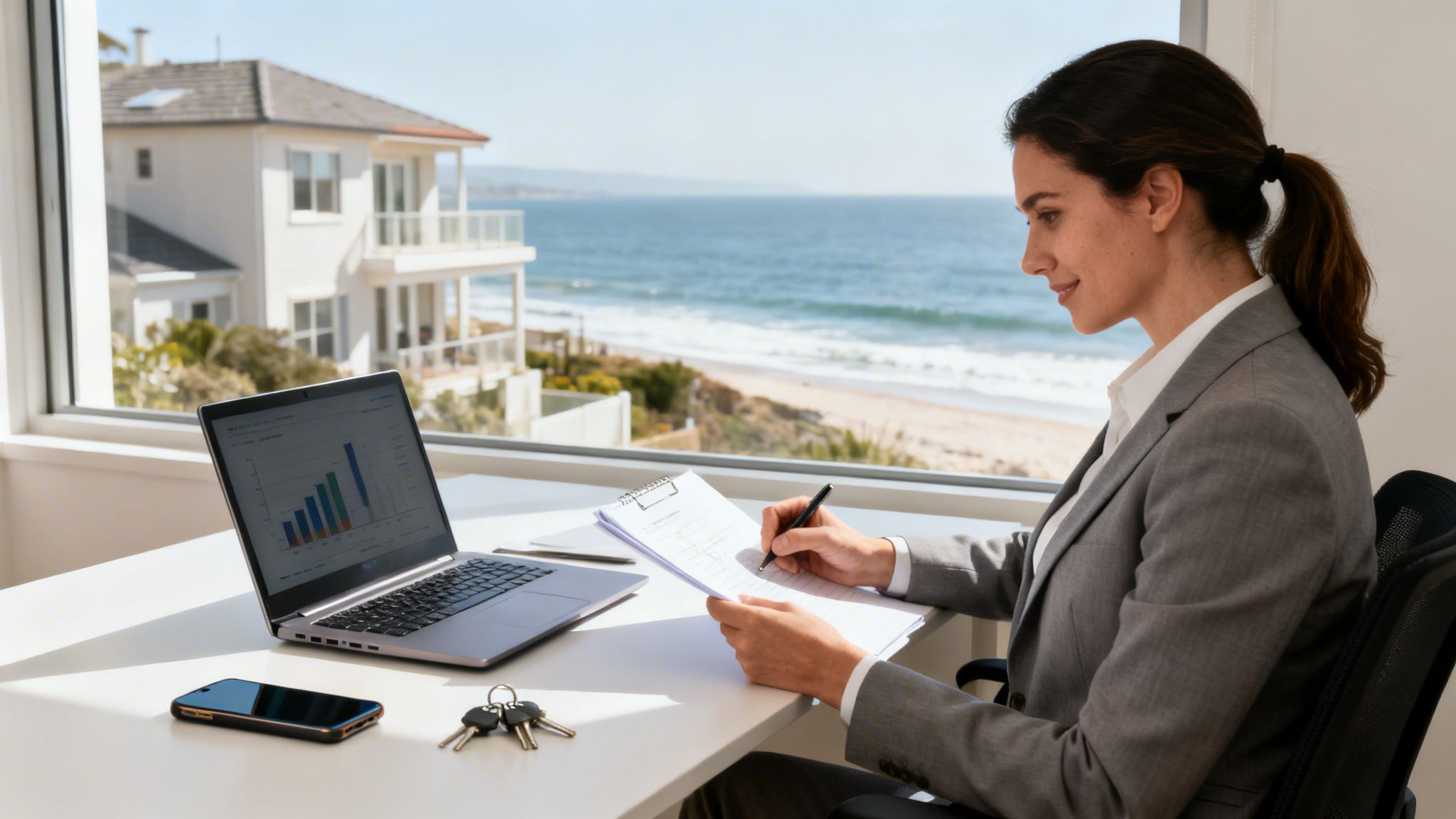 Smiling woman in suit working at desk with laptop, keys, and ocean view.