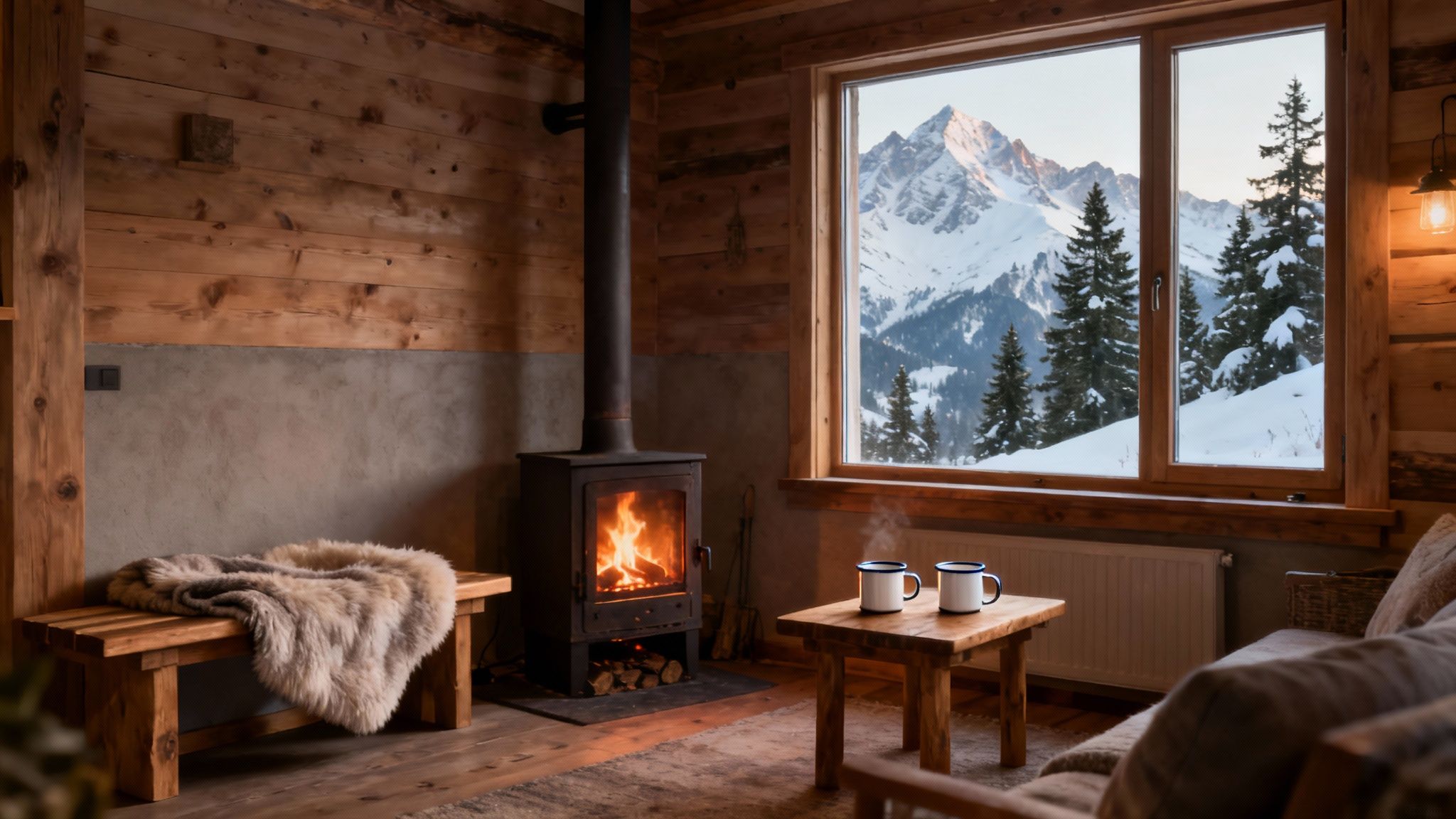 Cozy mountain cabin interior with wood stove, fur throws, and panoramic snowy alpine views