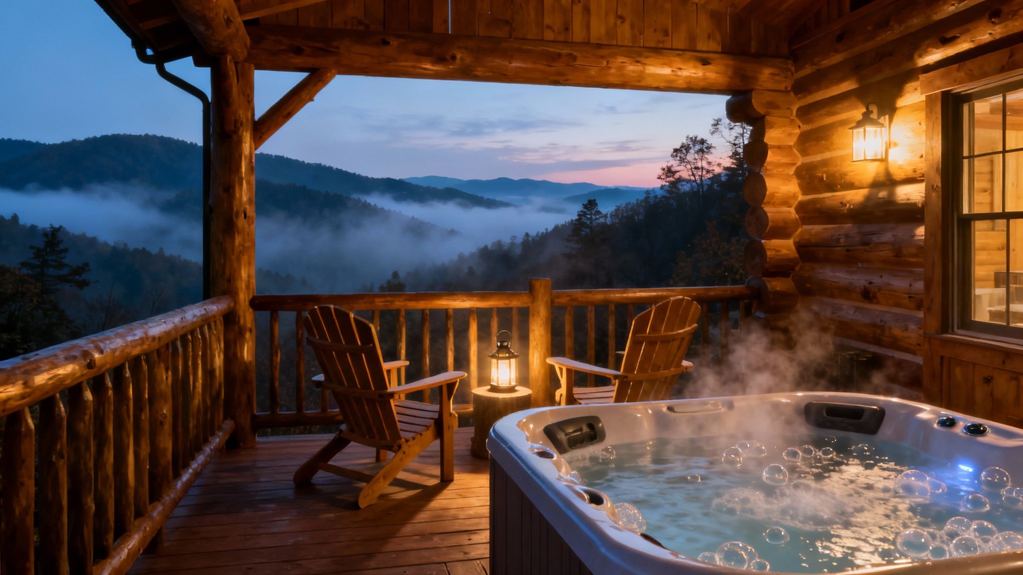 A warm, inviting log cabin porch with a bubbling hot tub and two chairs overlooking misty mountains at dusk.