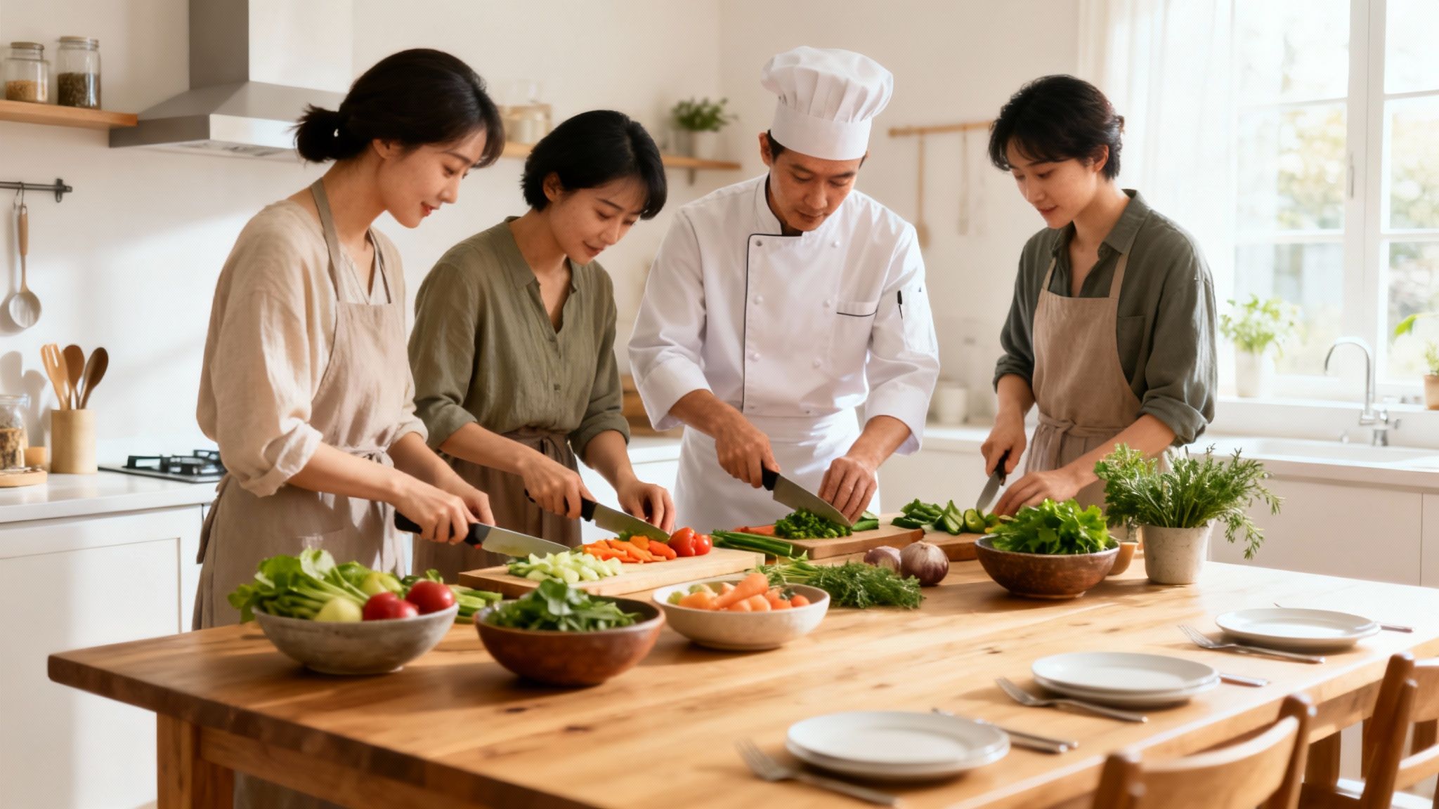 A chef and three people chop vegetables together in a modern, well-lit kitchen.