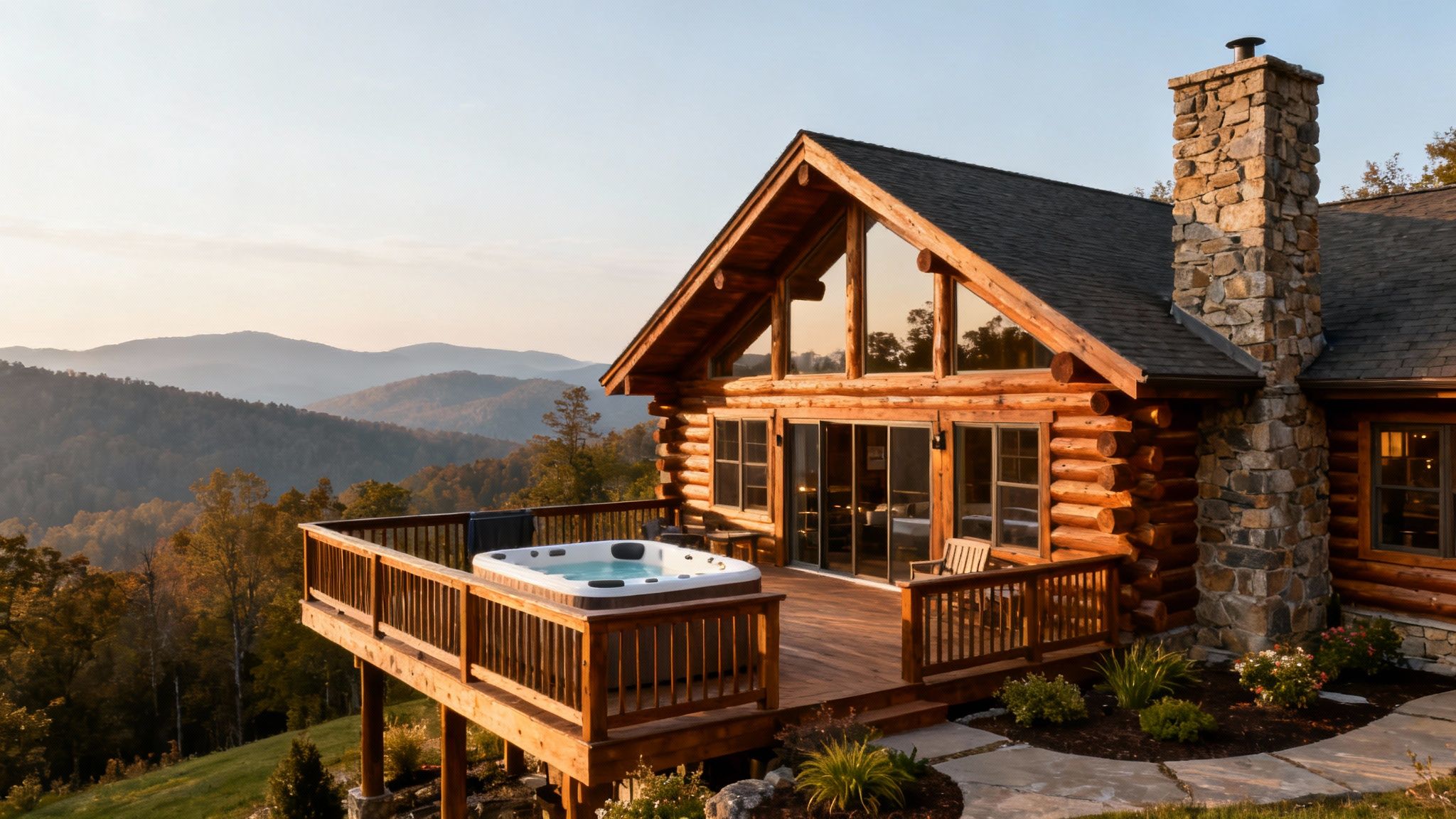 A luxurious wooden log cabin lodge with a hot tub on a spacious deck, overlooking scenic mountains.