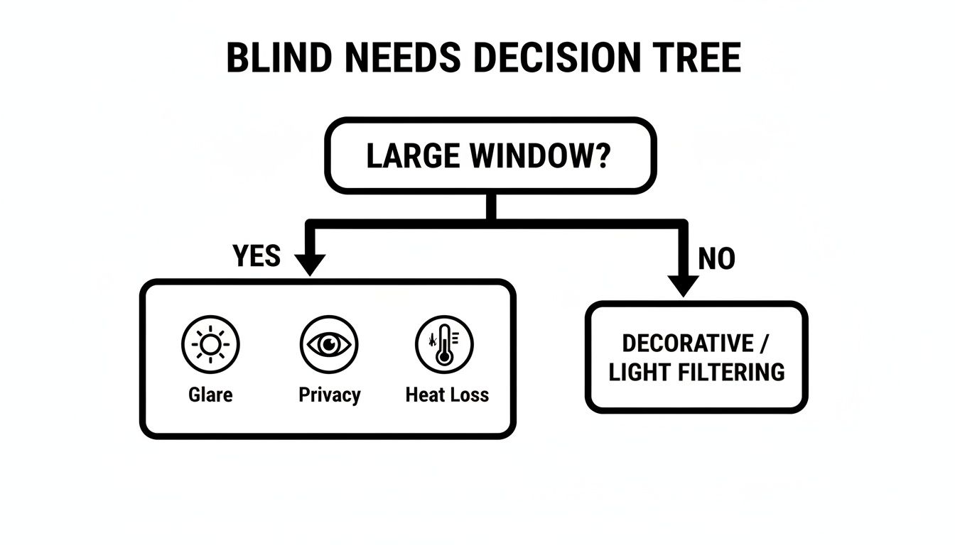 Decision tree outlining blind needs based on window size, considering glare, privacy, heat loss, or decorative purposes.