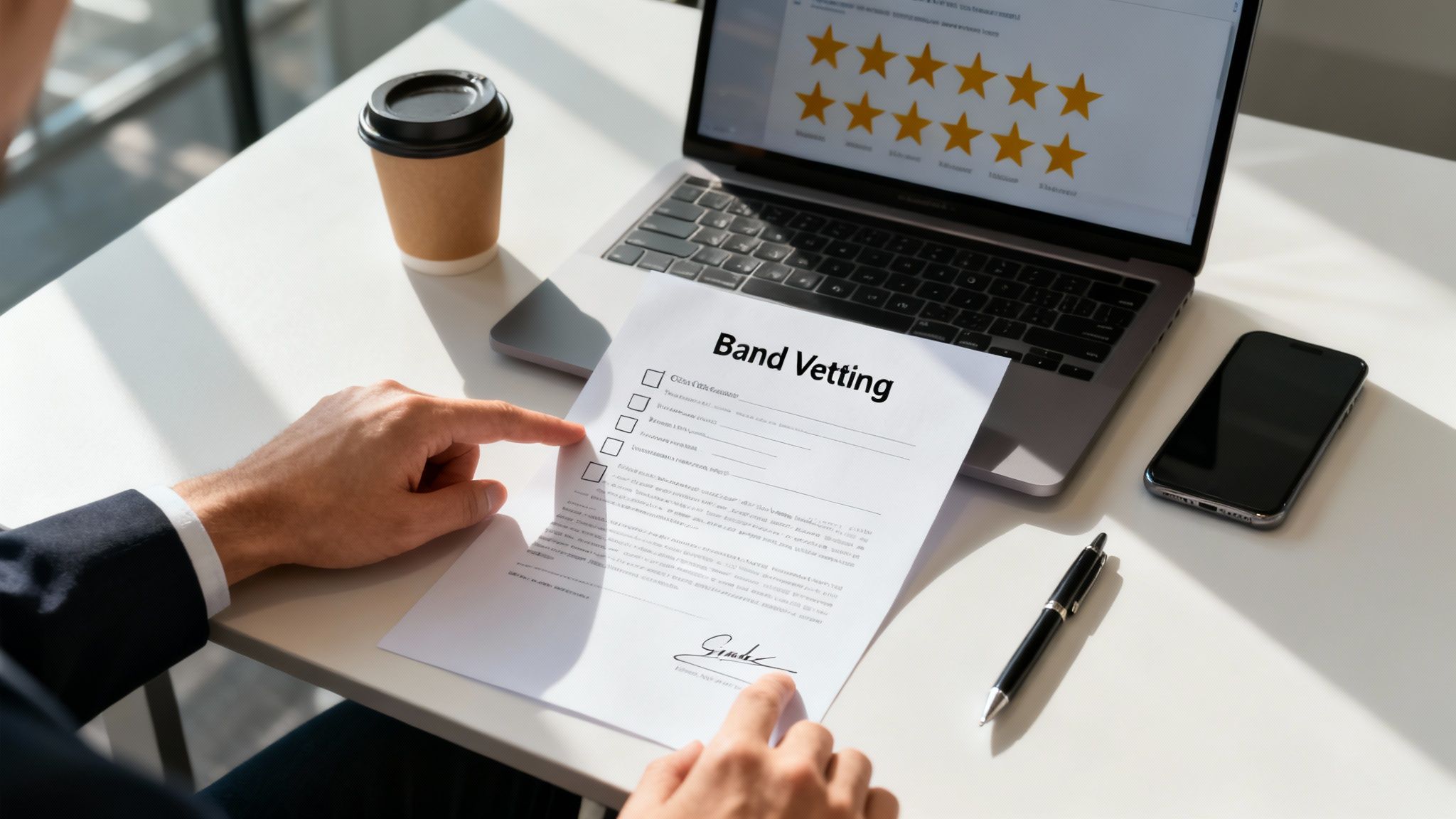 Businessman reviewing a 'Band Vetting' document with a laptop displaying star ratings.
