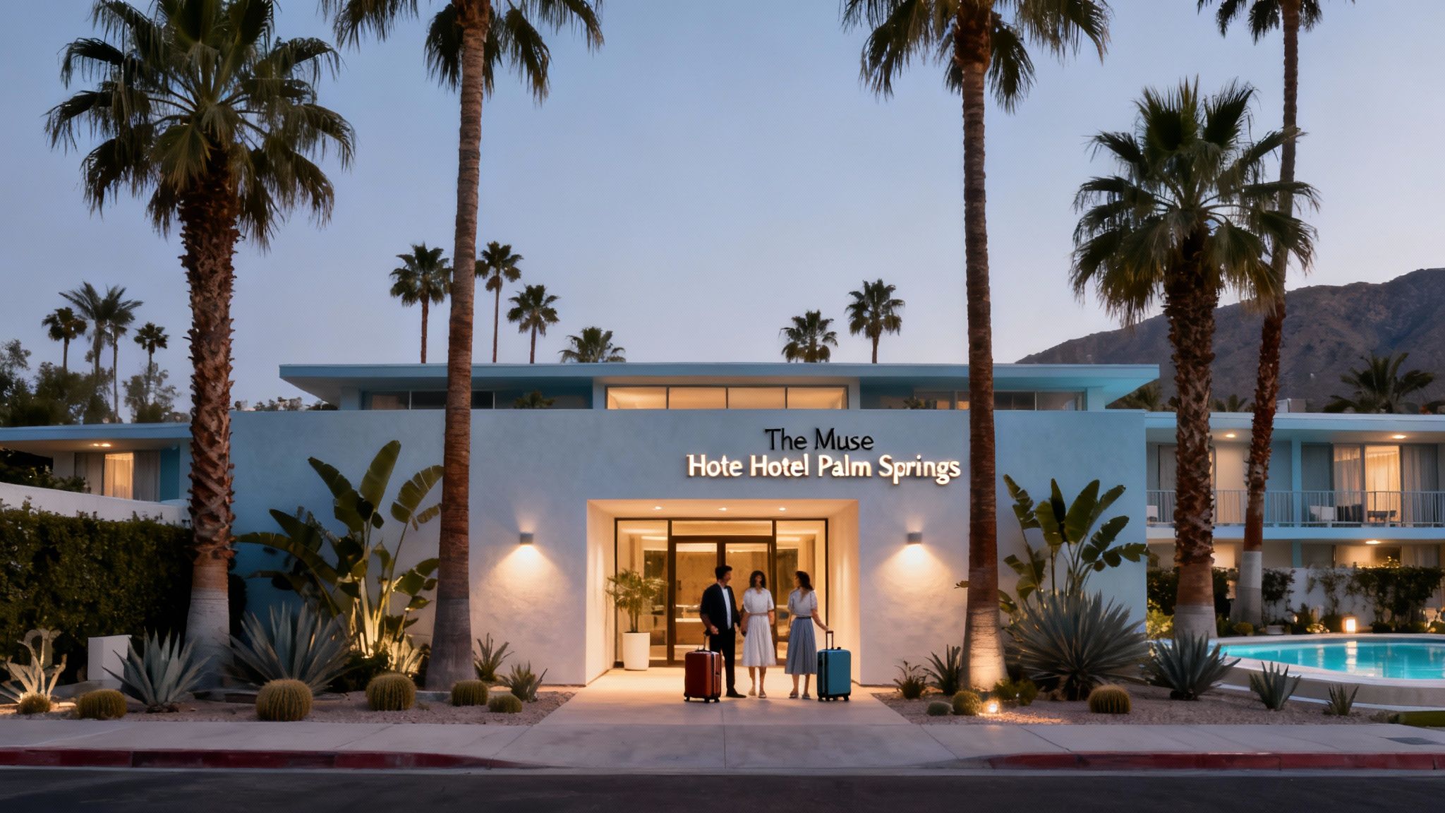 A group of friends enjoying the poolside atmosphere at The Muse Hotel in Palm Springs, representing a perfect getaway from Las Vegas.