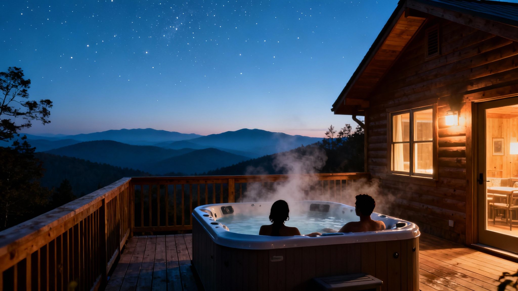 Two people enjoy a steaming hot tub on a cabin deck under a starry sky overlooking mountains.