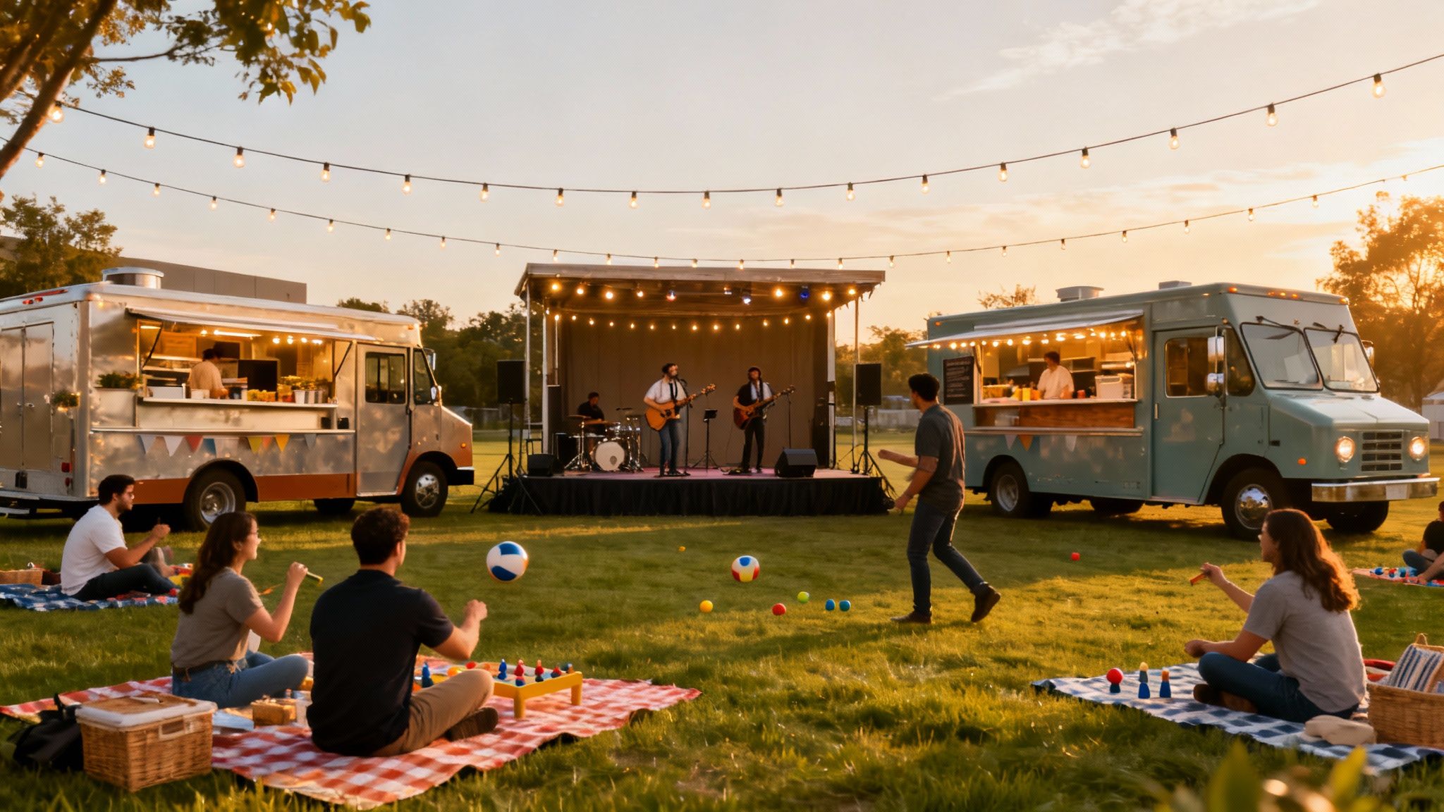 An outdoor festival scene with food trucks, a live band performing, and people enjoying games and picnics.