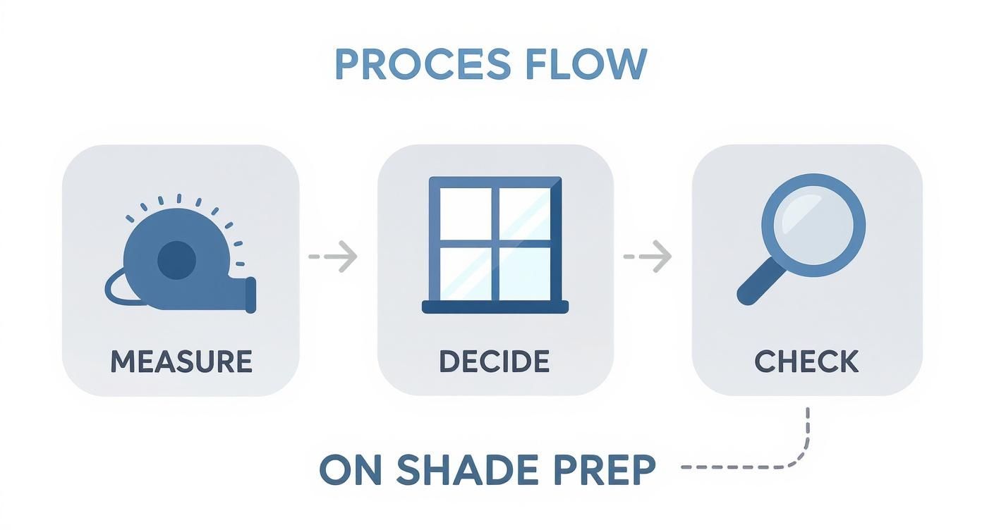 Infographic showing the three-step process for shade measurement preparation including icons for measuring, deciding on a mount, and checking for obstructions.