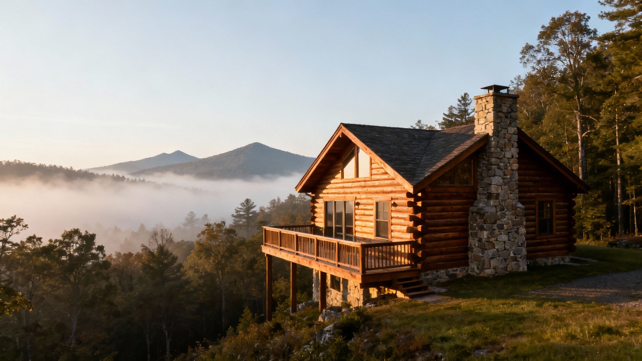 A cozy cabin with a hot tub on the deck, surrounded by lush green trees and a mountain view.