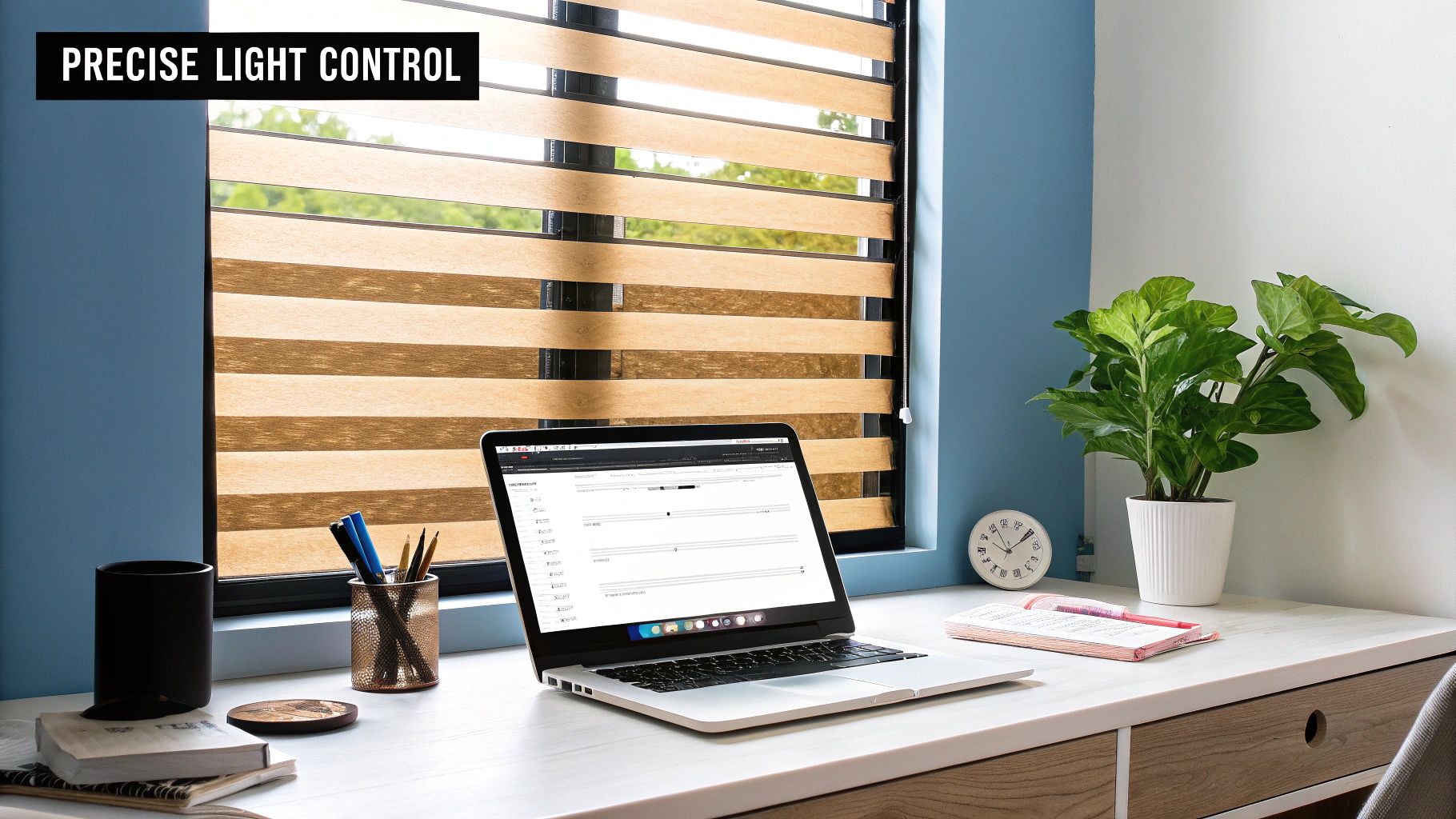 Zebra blinds providing precise light control in a modern home office with a desk and laptop.