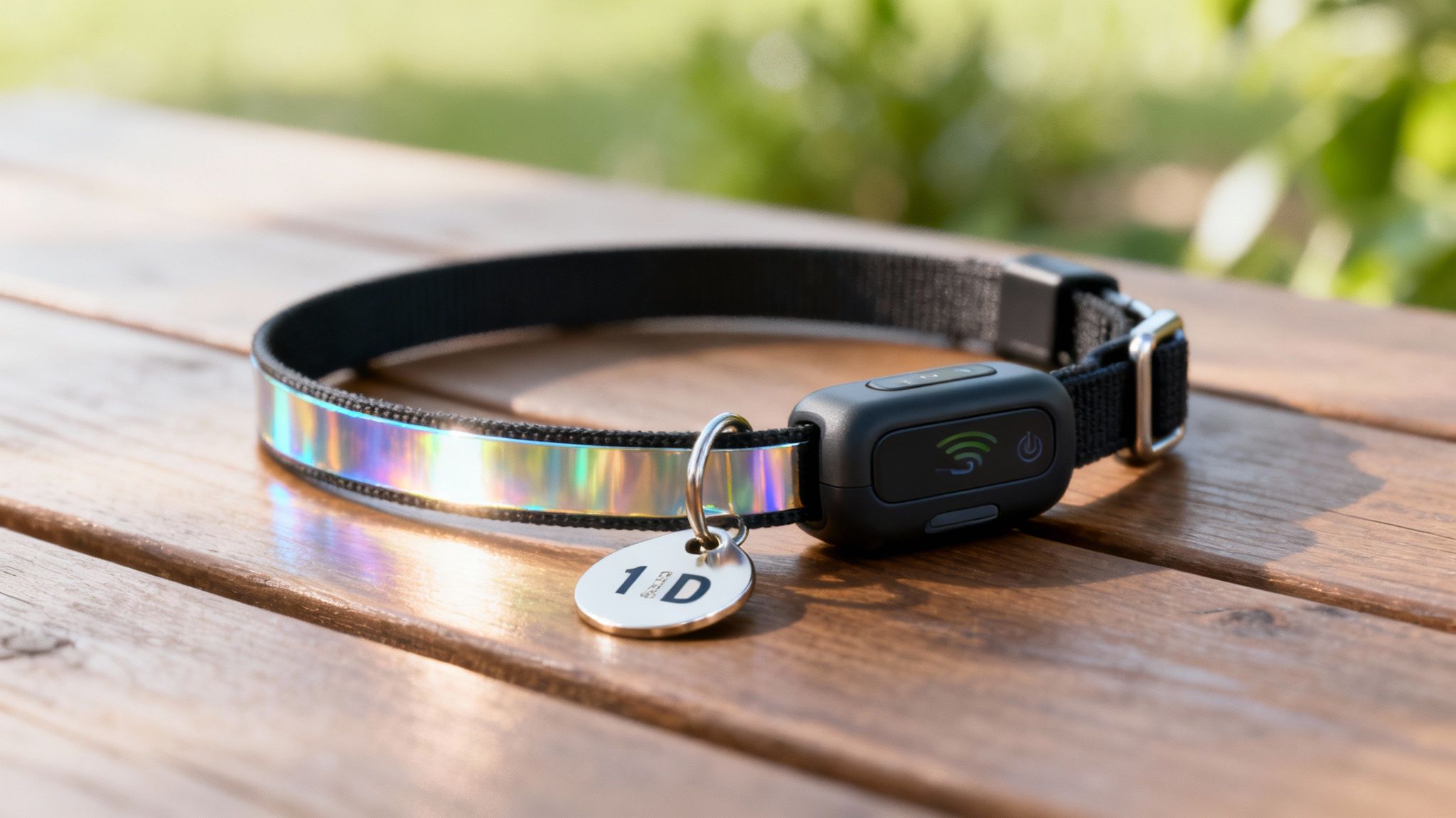 A smart pet collar with a GPS tracker and holographic strip on a wooden table outdoors.