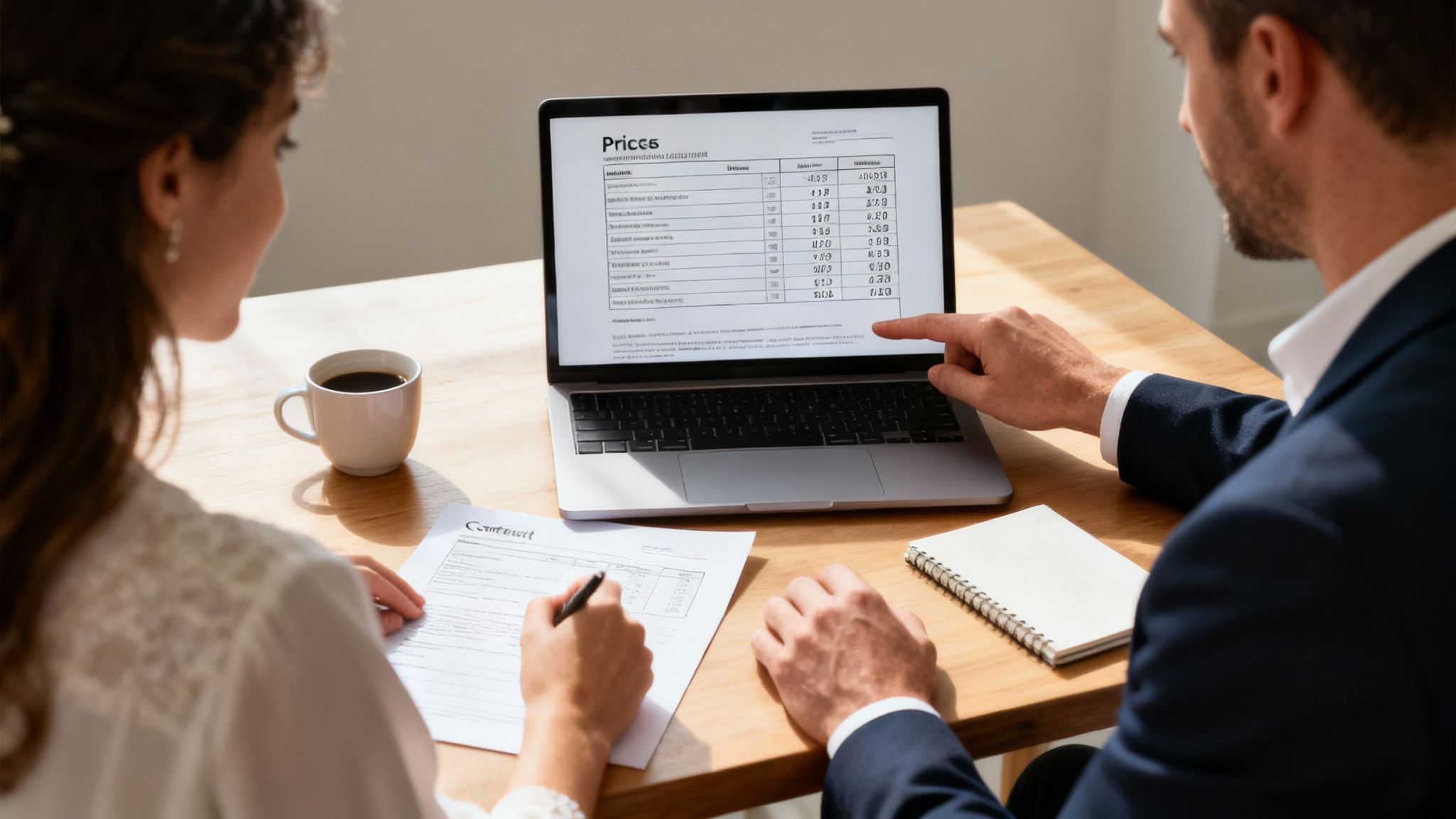 Man and woman reviewing a contract and prices on a laptop during a business meeting.