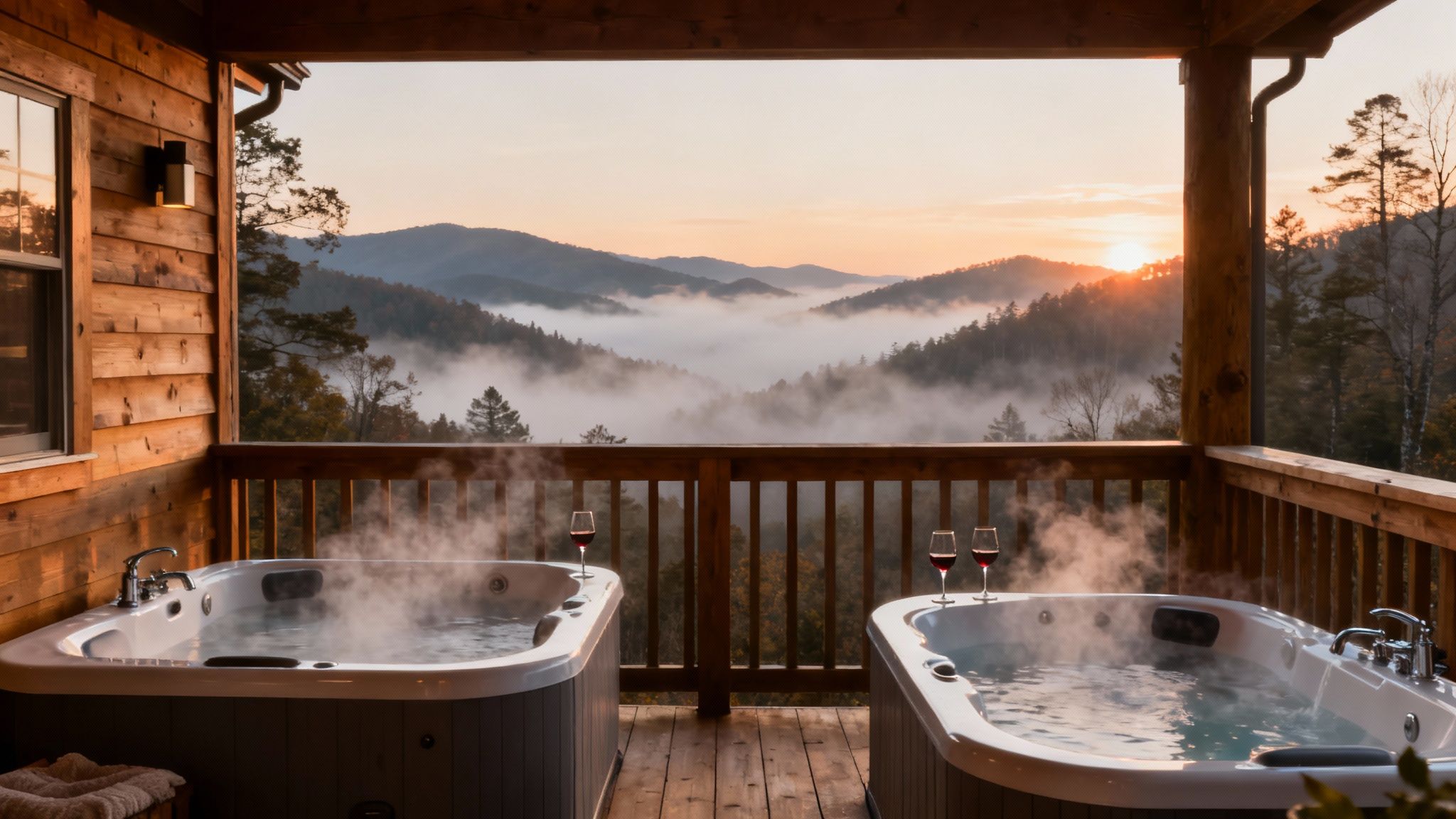 A serene mountain view in Gatlinburg with a cozy cabin porch in the foreground, perfect for a couple's getaway.