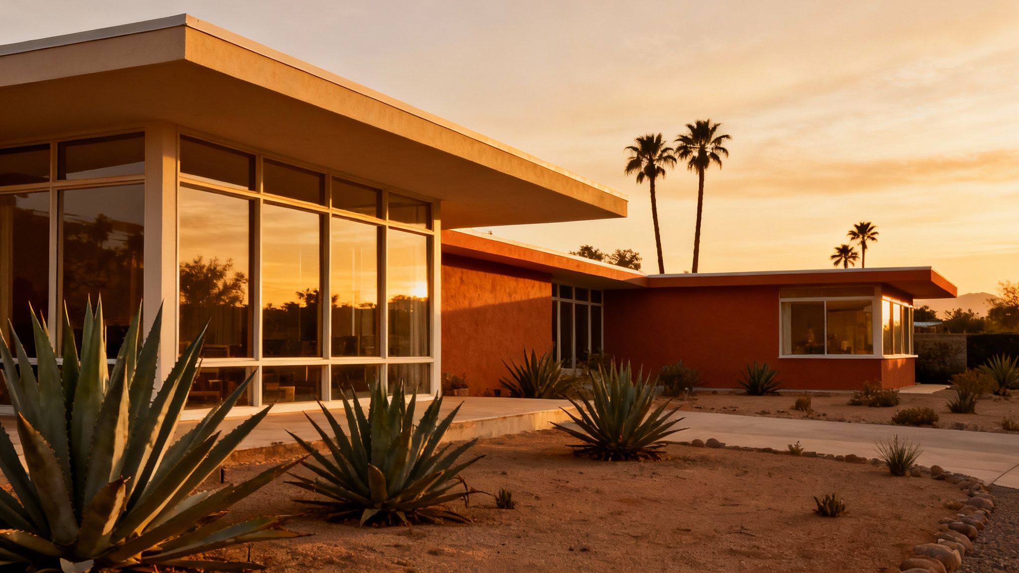 Mid-century modern house with orange walls and large windows reflecting a sunset, surrounded by desert plants and palm trees.