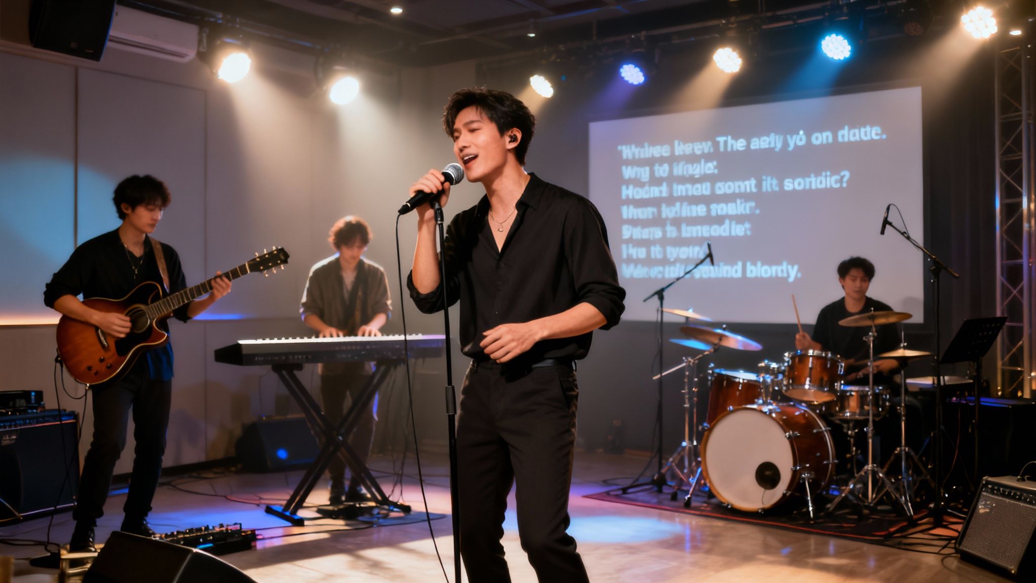 A band performs on stage with a lead singer, guitarist, keyboardist, and drummer under stage lights.