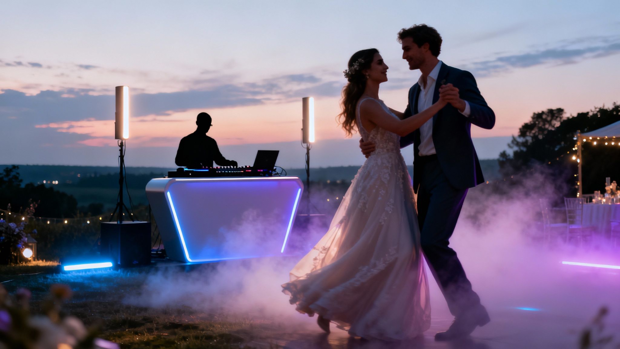 A newlywed couple dances gracefully at their outdoor wedding reception, illuminated by colorful lights and mist.