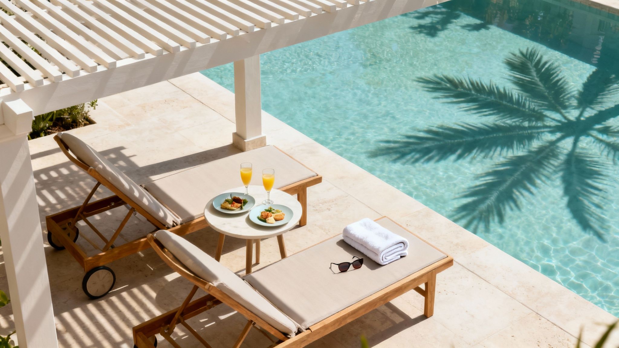 Two lounge chairs and a table with breakfast by a sparkling pool, with a palm tree shadow.
