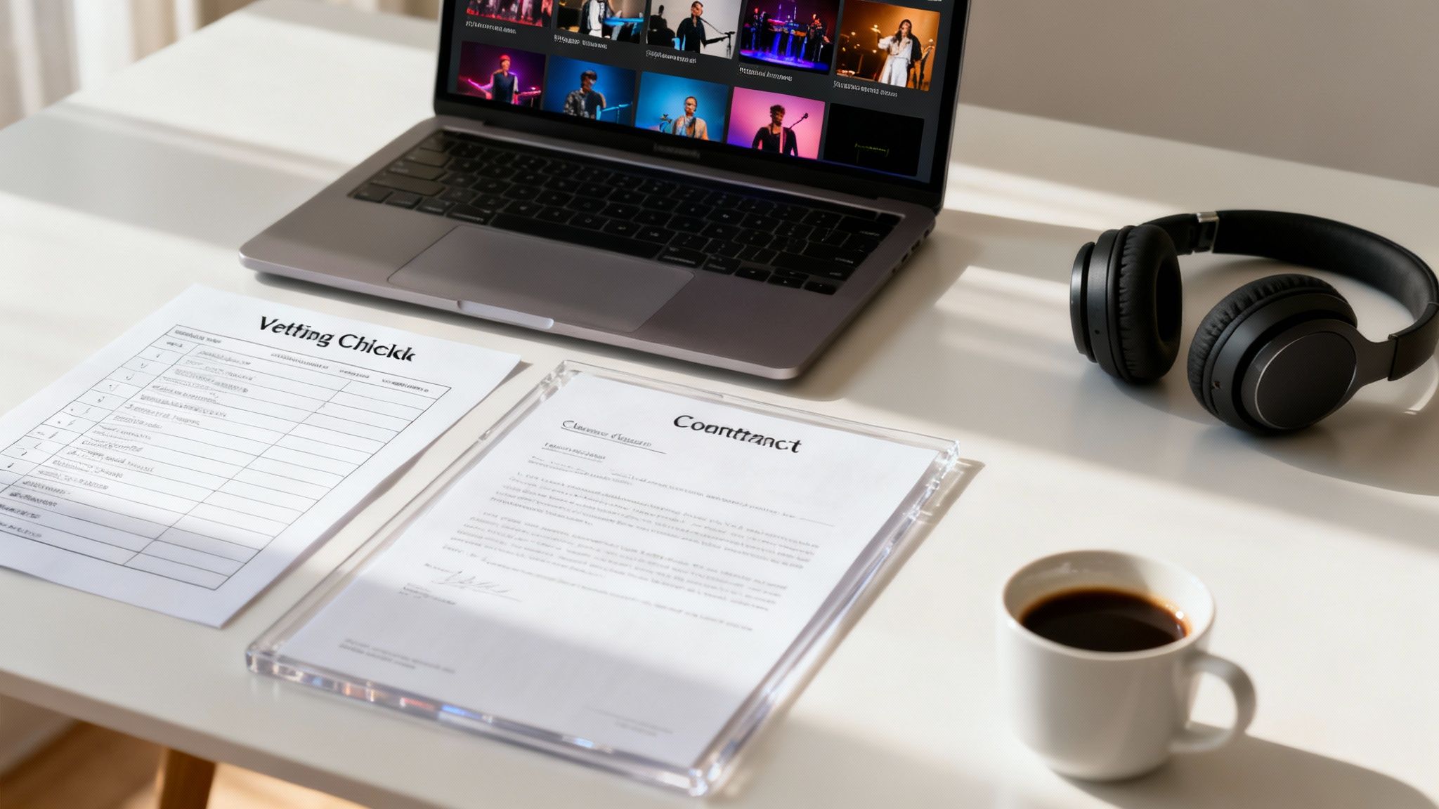 A bright workspace with a laptop showing music videos, headphones, coffee, and business documents.