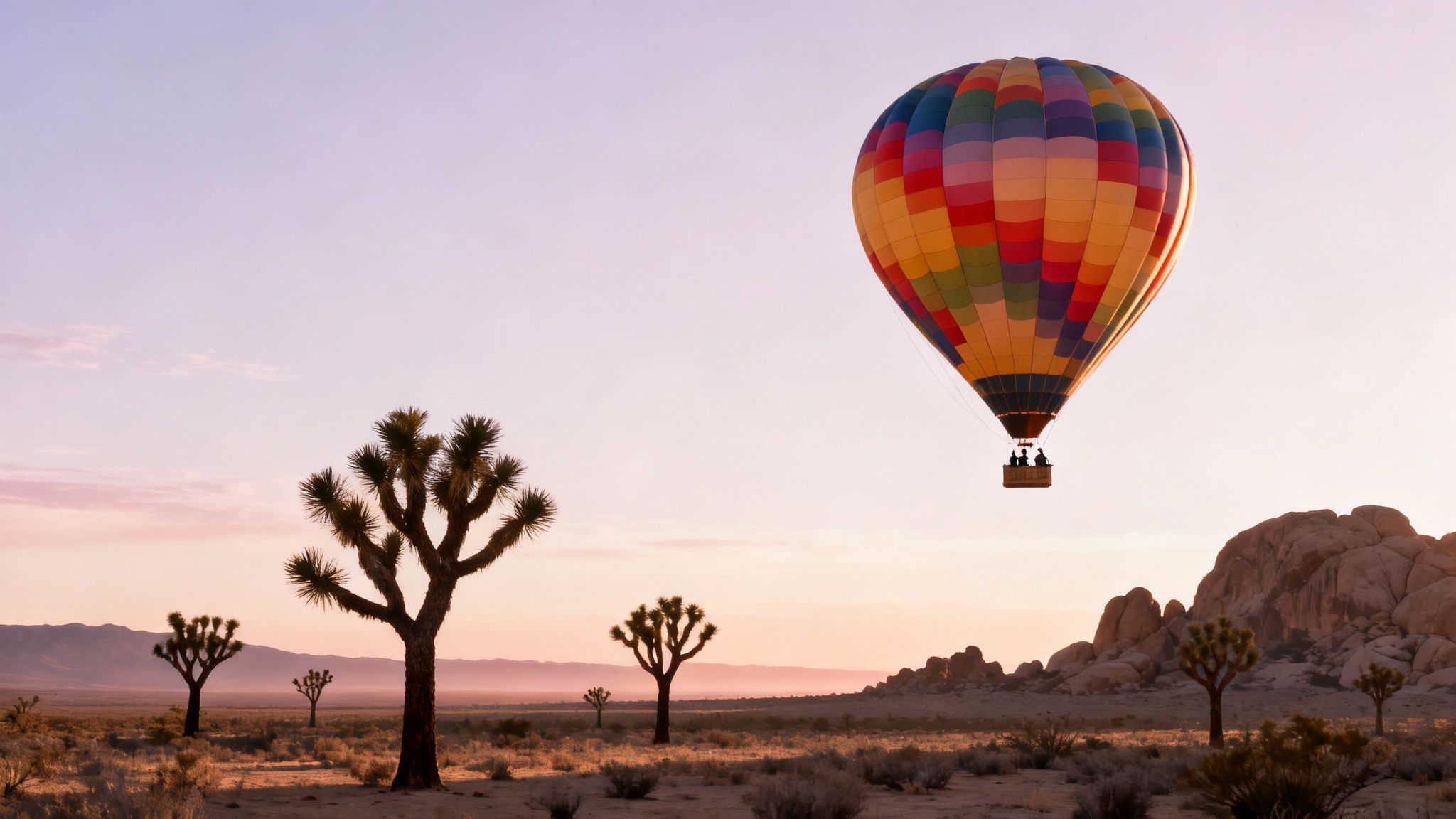 A colorful hot air balloon floats over a desert landscape with Joshua trees at sunset.