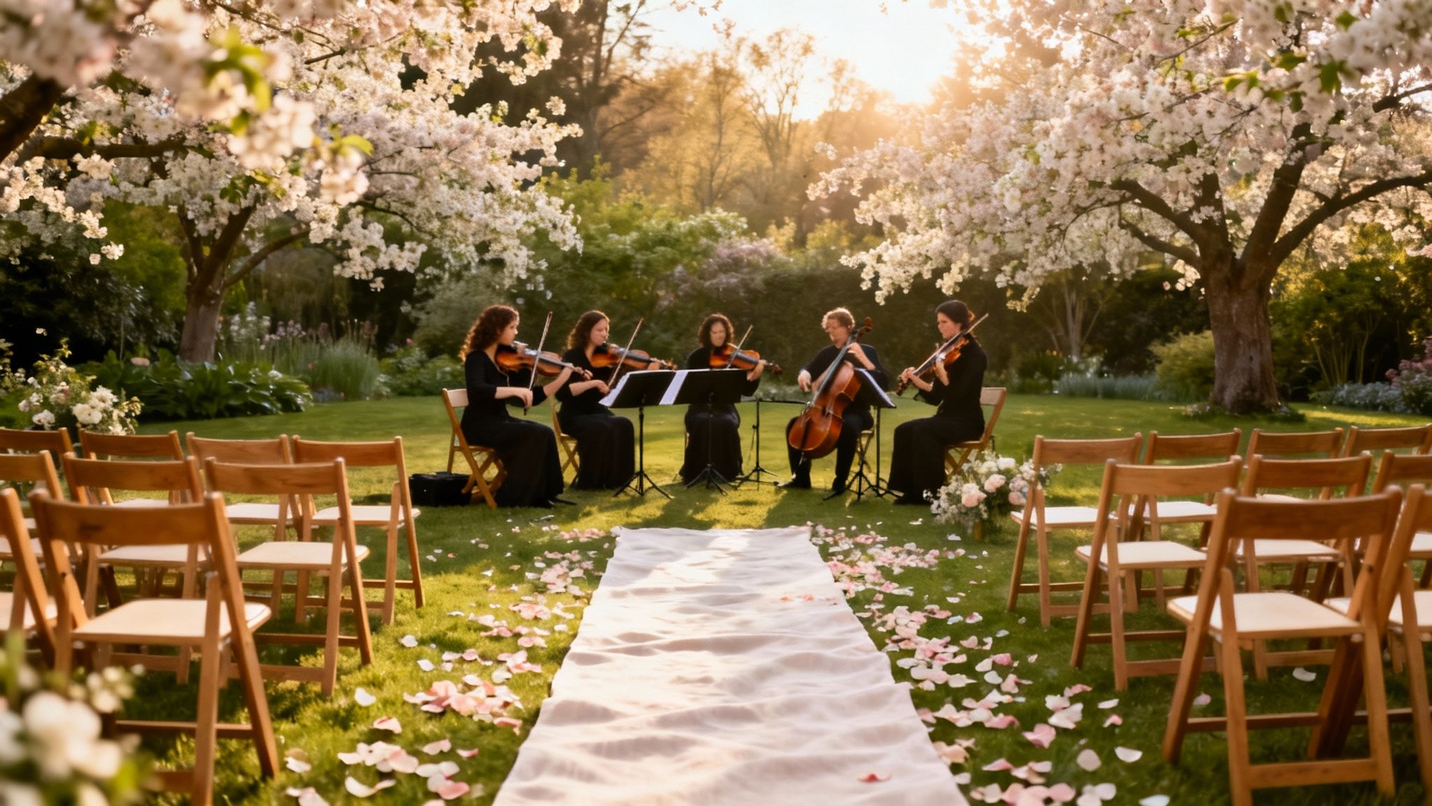 A string quintet performs at an outdoor wedding ceremony with blooming trees and scattered rose petals.
