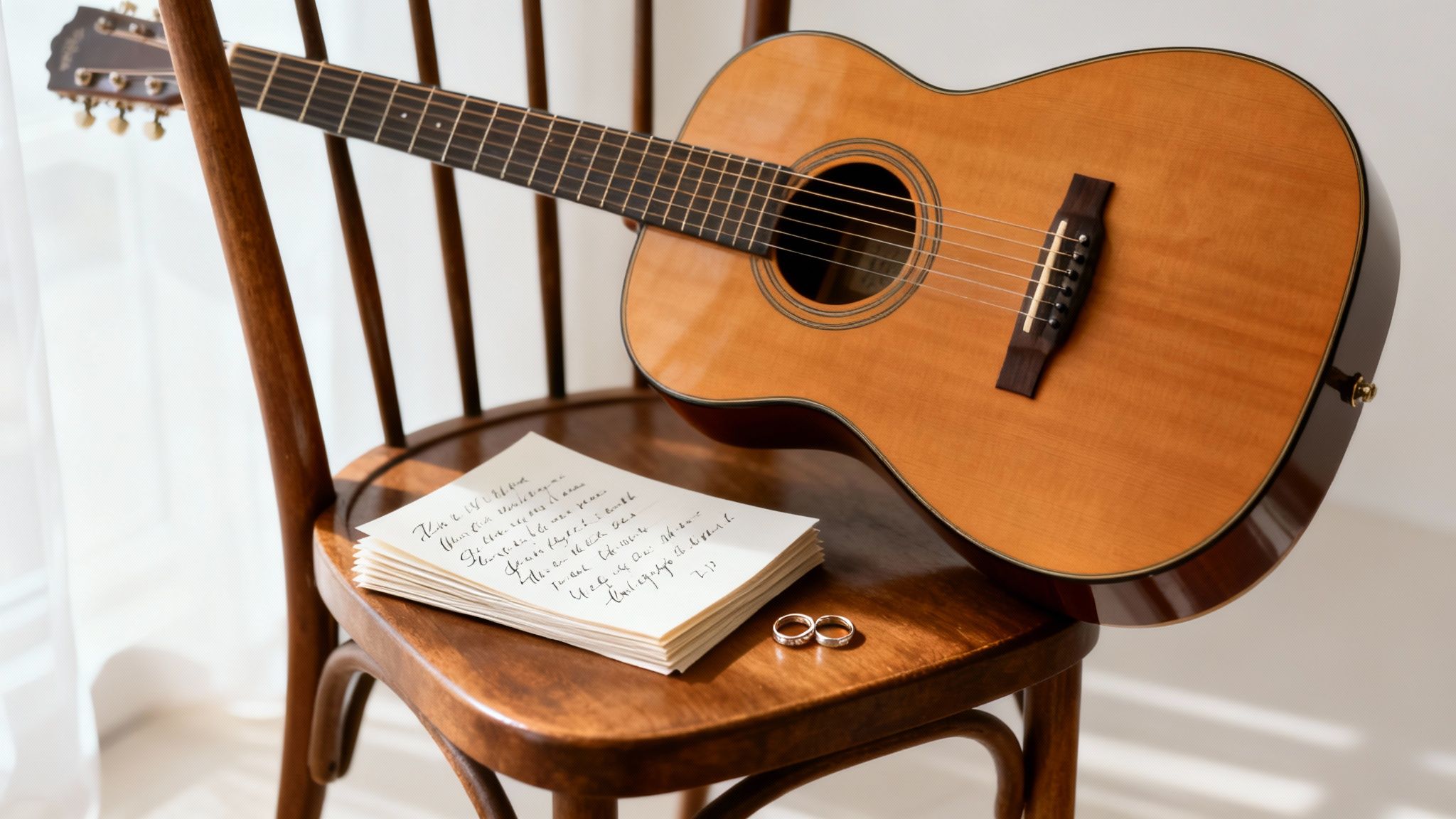 Acoustic guitar leaning on a wooden chair with handwritten song lyrics and wedding rings.
