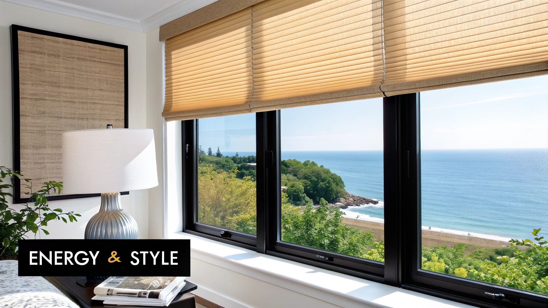 Light brown cellular blinds on a large window frame a beautiful coastal ocean view.