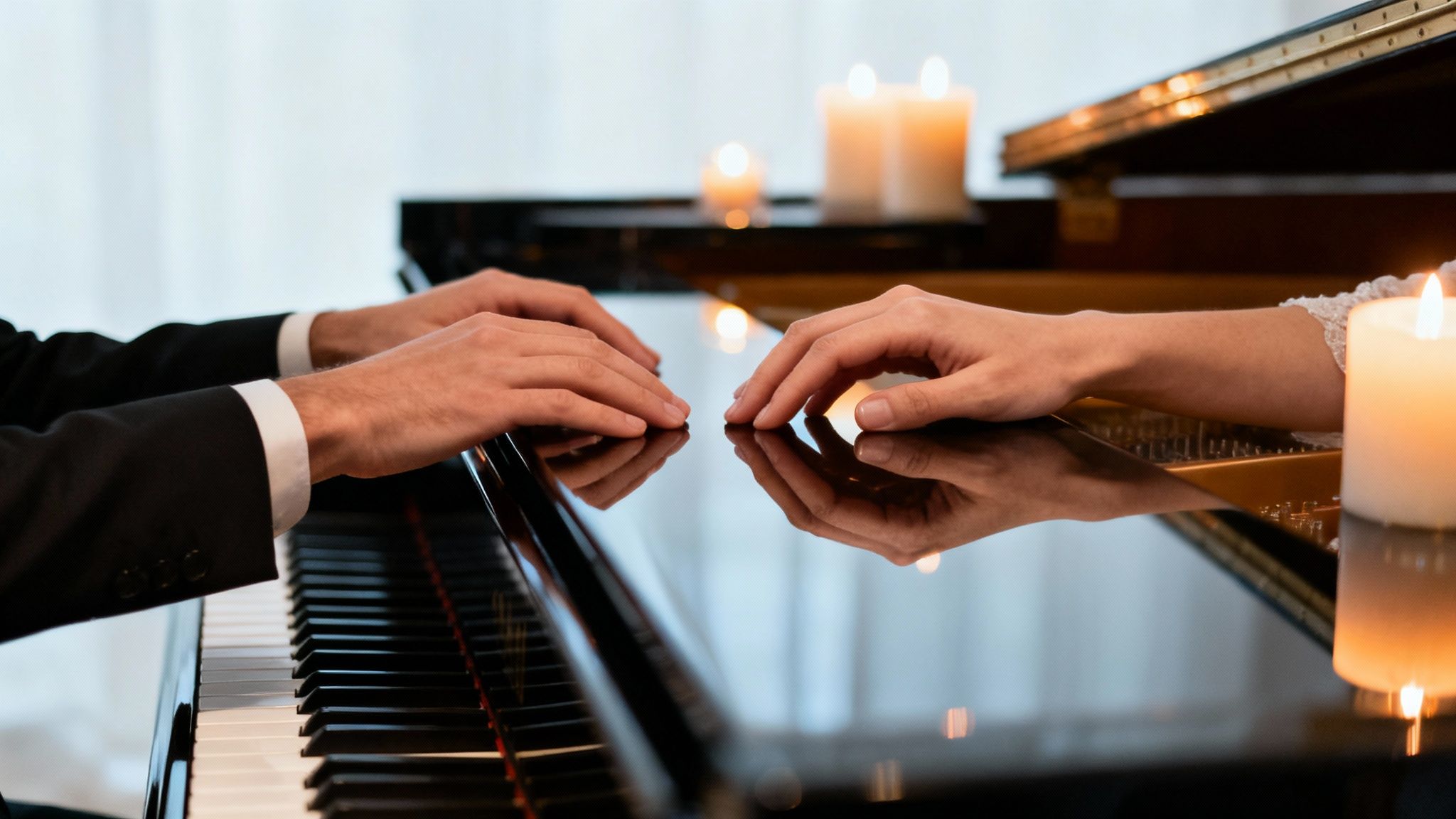 Two people's hands, a man and a woman, at a grand piano with romantic candlelight.