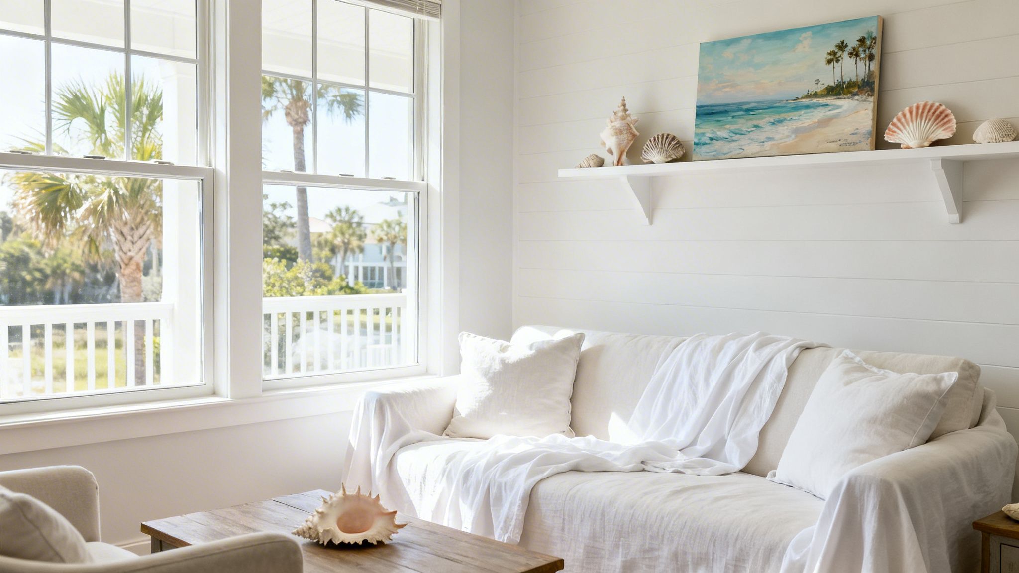 A bright, coastal-themed living room with a white sofa, large windows, and beach-inspired decor.