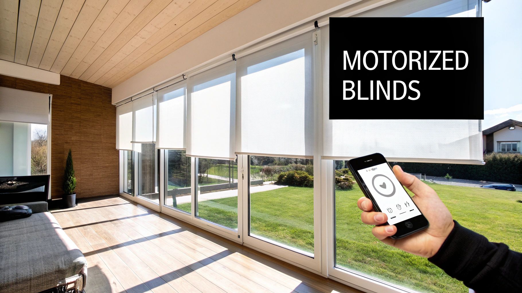 Modern living room with large windows and smart motorized blinds controlled by a smartphone.