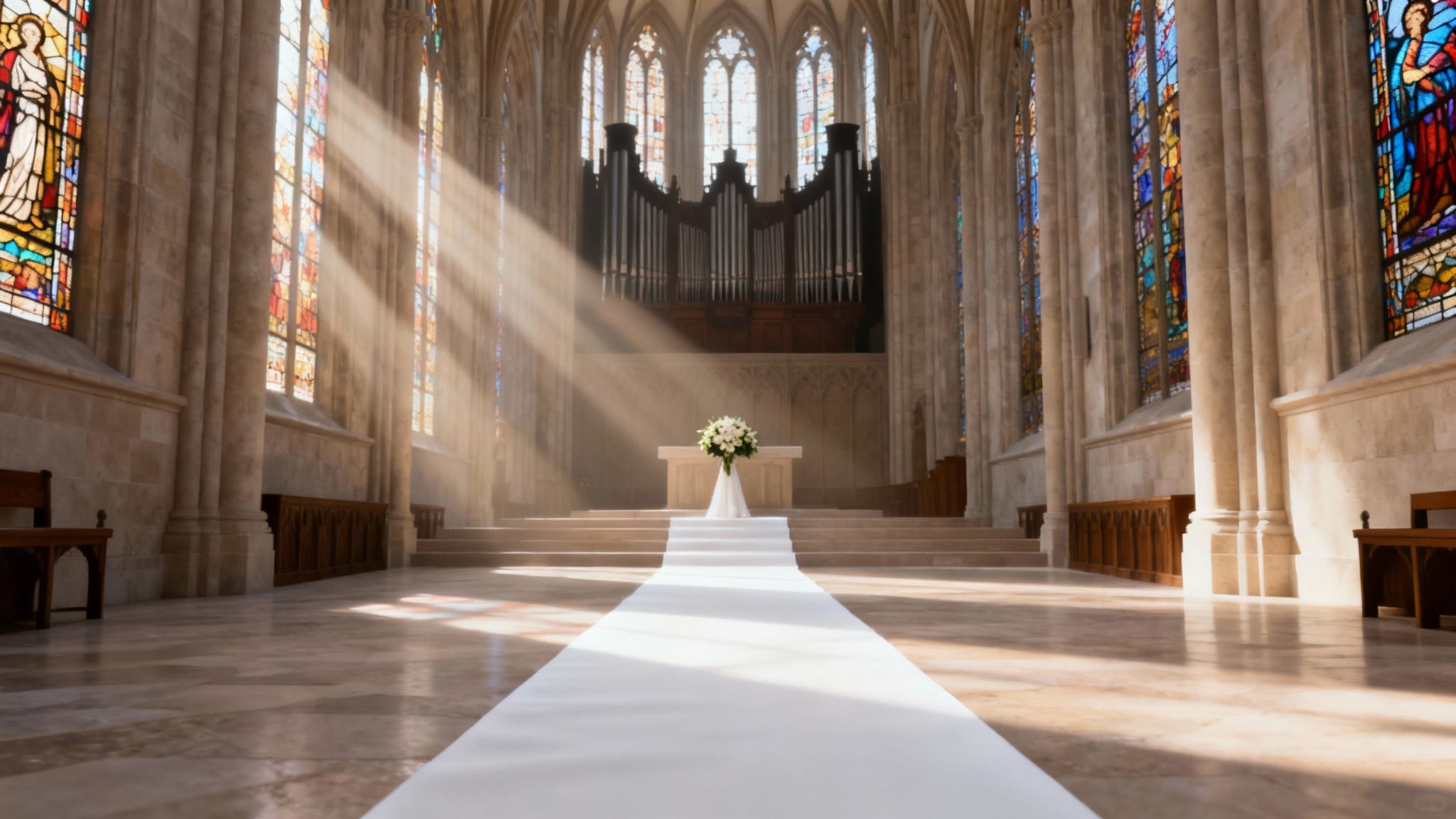 A grand, sunlit church interior with a white aisle runner leading to an altar with flowers, ready for a wedding.