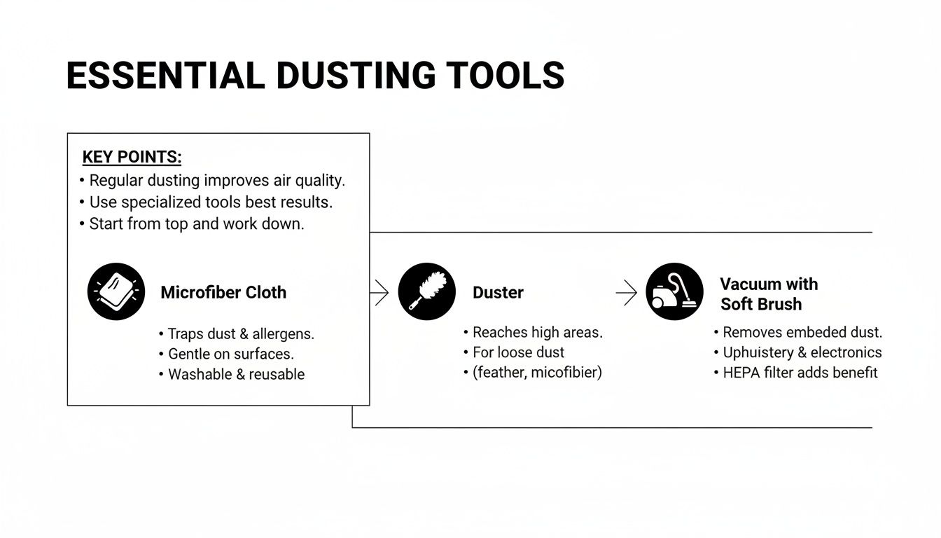Infographic on essential dusting tools and techniques, featuring microfiber cloth, duster, and vacuum with soft brush.