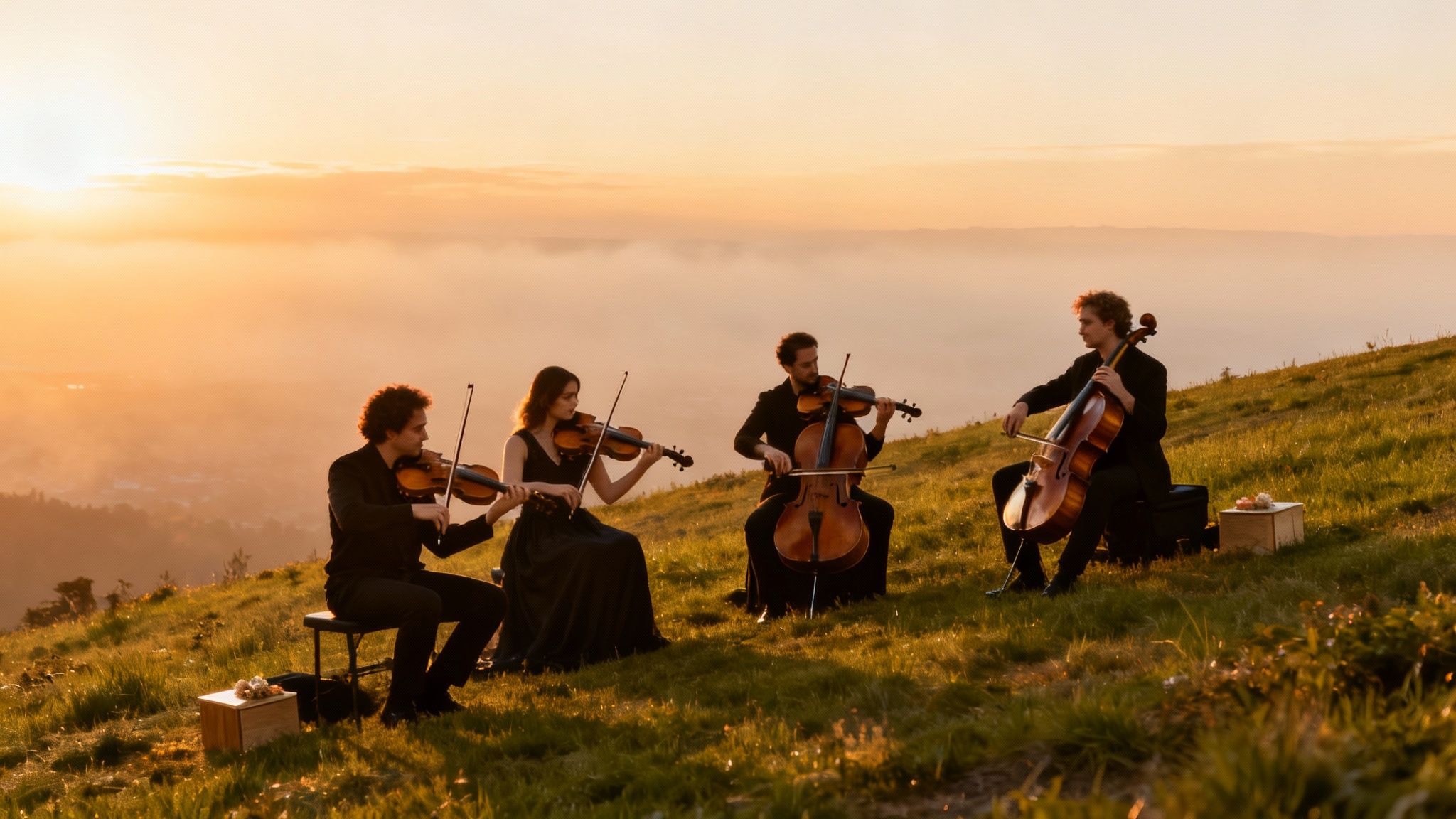 A string quartet performs music on a grassy hilltop at sunset, overlooking a misty valley.