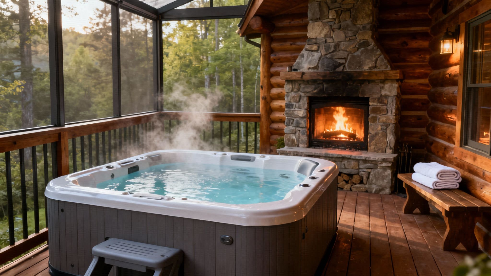 Relaxing hot tub on a log cabin deck with a cozy stone fireplace and forest view.