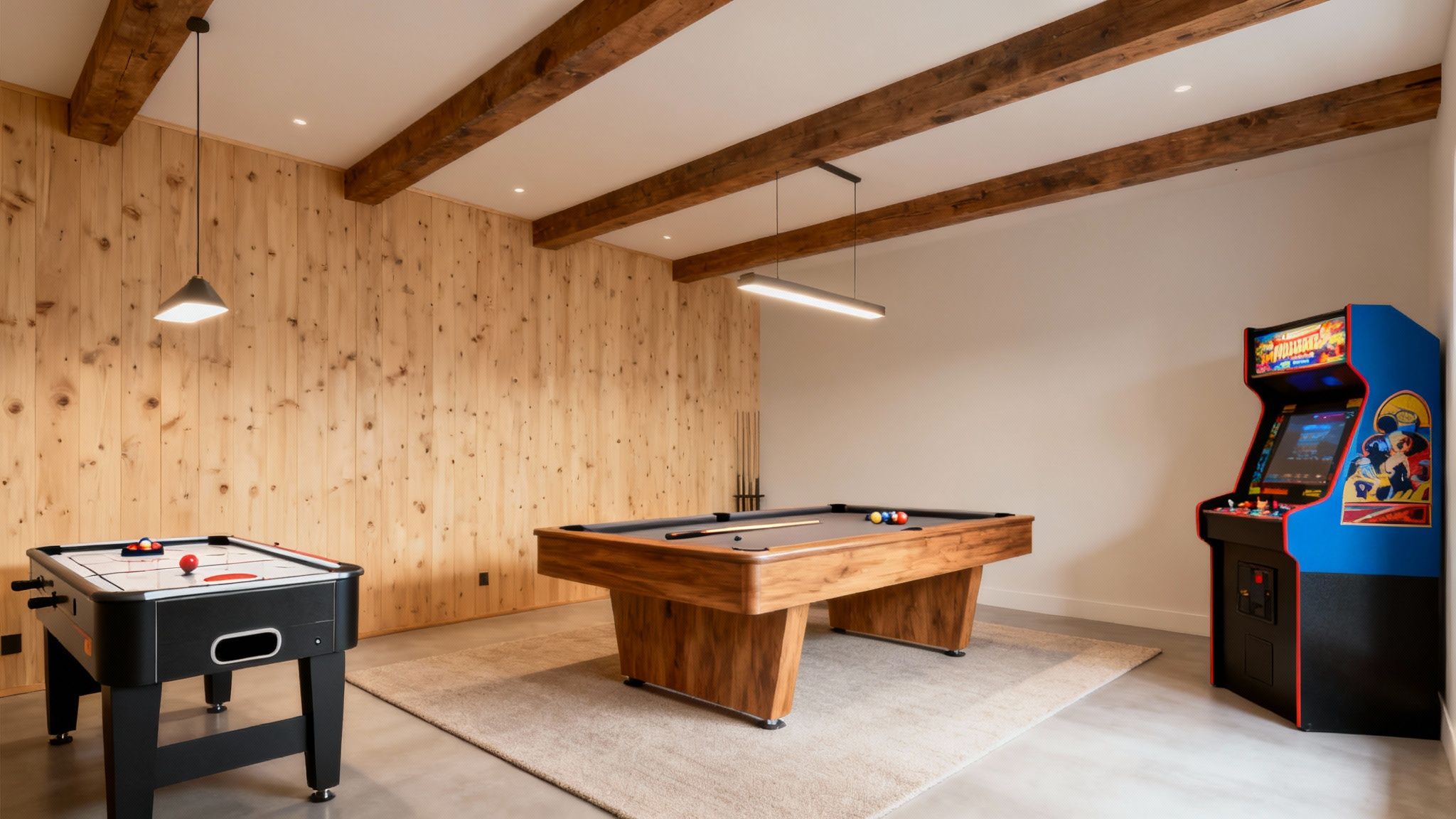 A cabin game room featuring a billiards table and an arcade game.