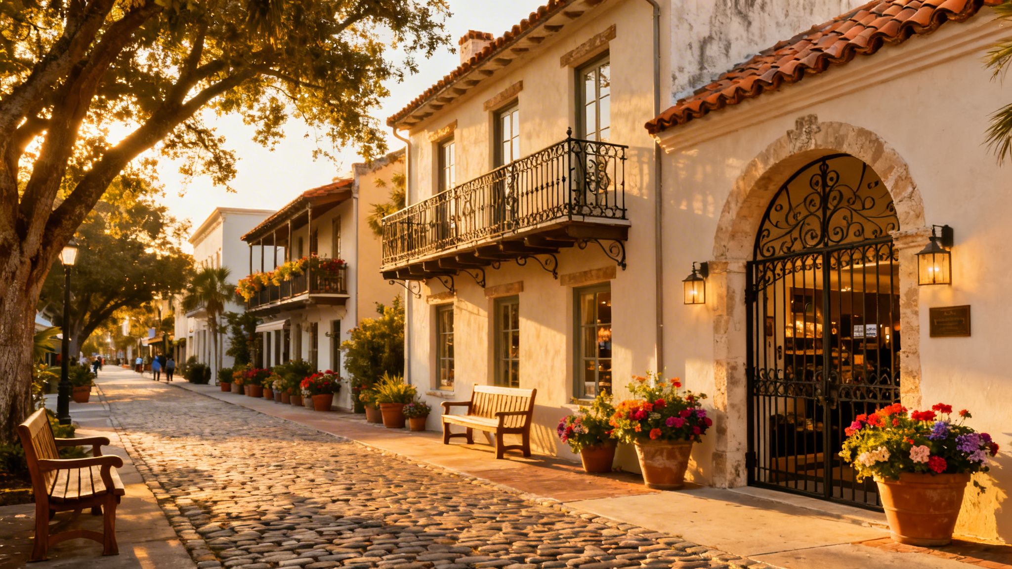A picturesque cobblestone street lined with historic buildings and blooming flowers, bathed in warm sunset light.